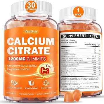 Calcium 1200 mg with Vitamin D3 Supplement for Adults - Calcium Gummies with 5000iu Vitamin D3, K2, B6, B12, Magnesium & Zinc - Calcium Supplement for Women Men - Easy to Digest, Vegan 1 pack