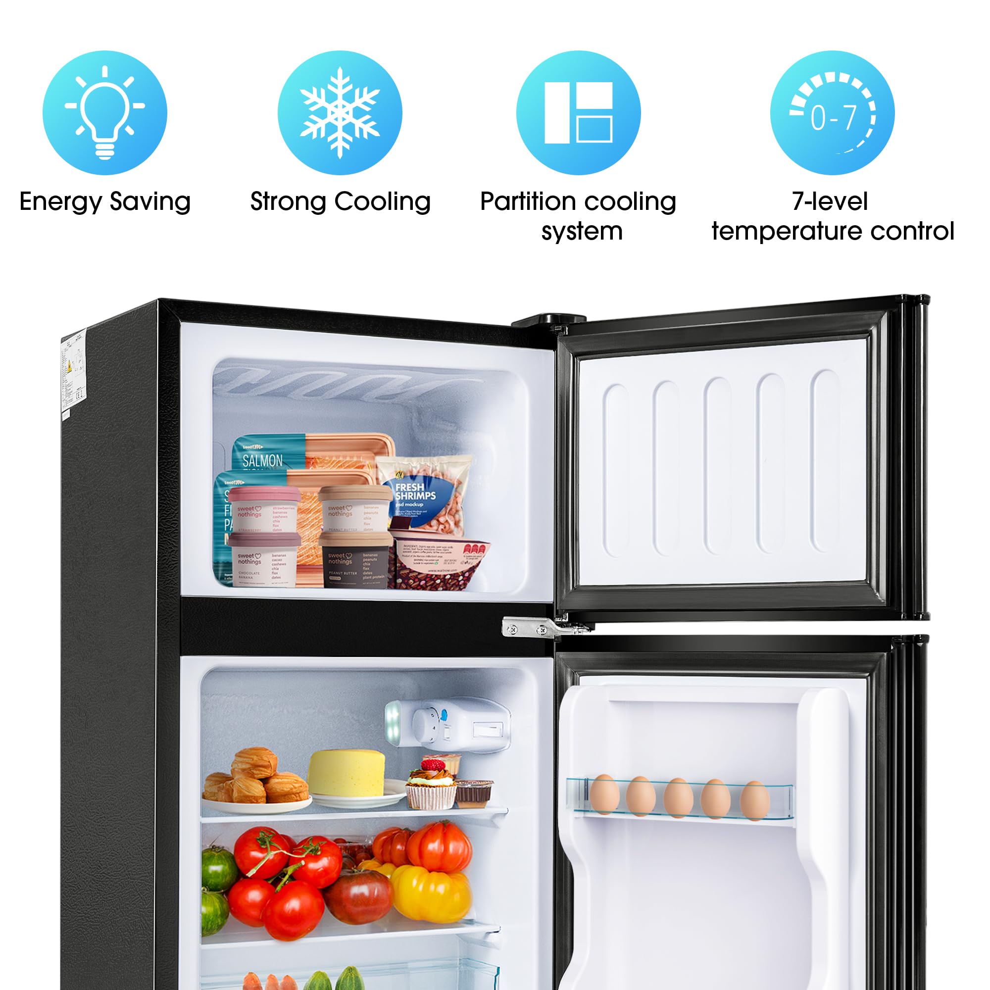 Frigorífico Mini 60L, Frigorifico Pequeño con Congelador (22+38L), Frigorifico Combi con LED luz, 86.8x45.5x42.5 cm Frigorífico no Frost con Estantes Ajustables, 102 kWh/año, -27°C∽13°C (Black)
