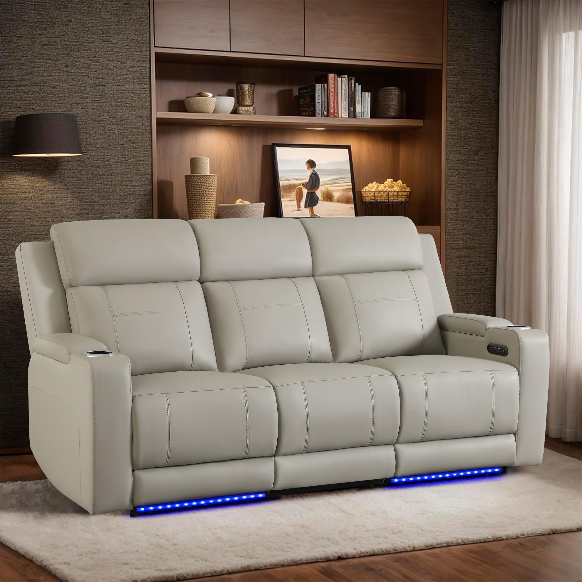 Power Reclining Sofa with Adjustable Headrest/LED Light, Home Theater Seating with Armrest Storage/Outlet/Breathable Leather, Power Loveseat Recliner Sofa for Living Room (Grey, Sofa)