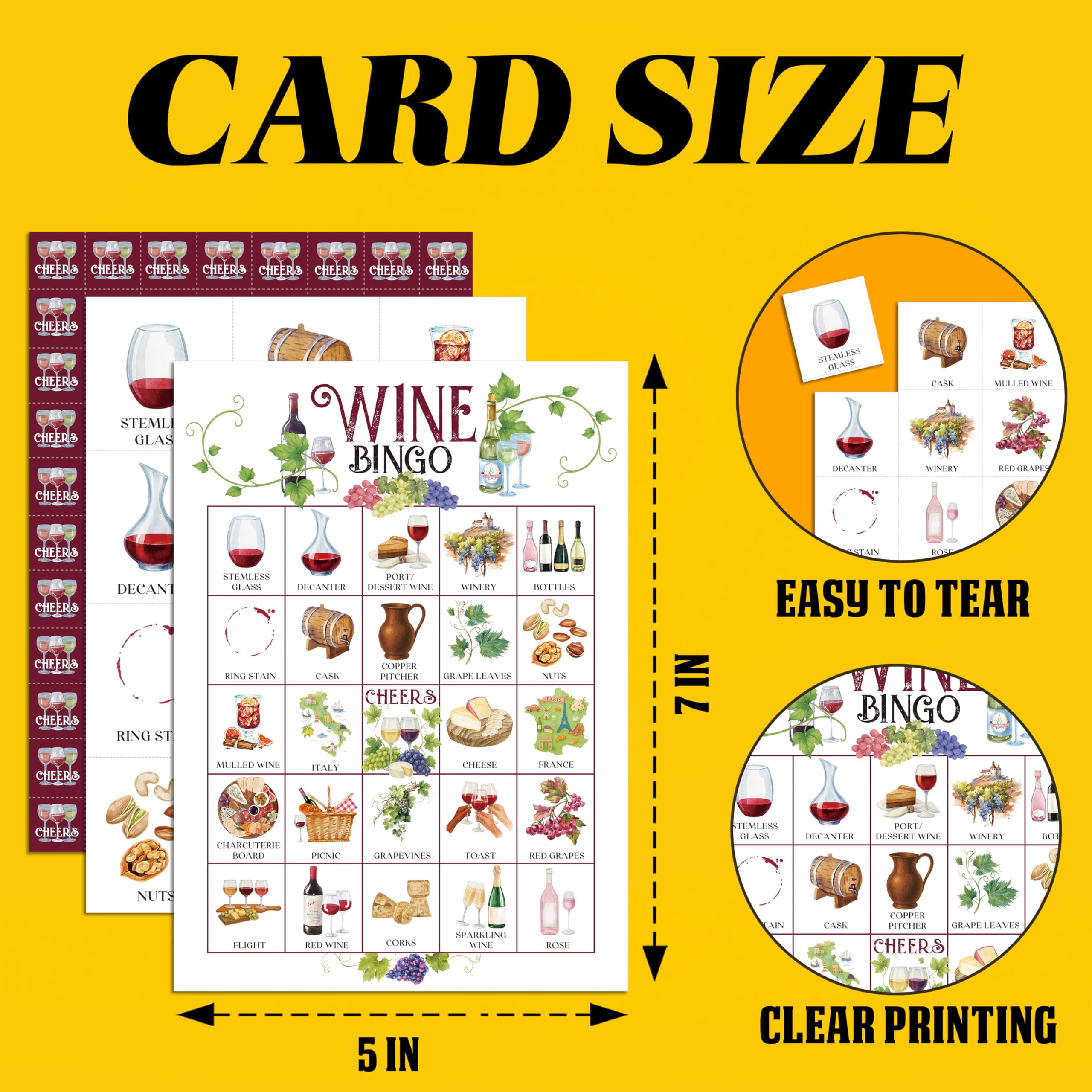 Juego de bingo de vino, tarjetas de juego de fiesta de cata de vino para adultos, 24 jugadores, actividades de alegría para familiares, amigos, bodega, despedida de soltera o despedida de
