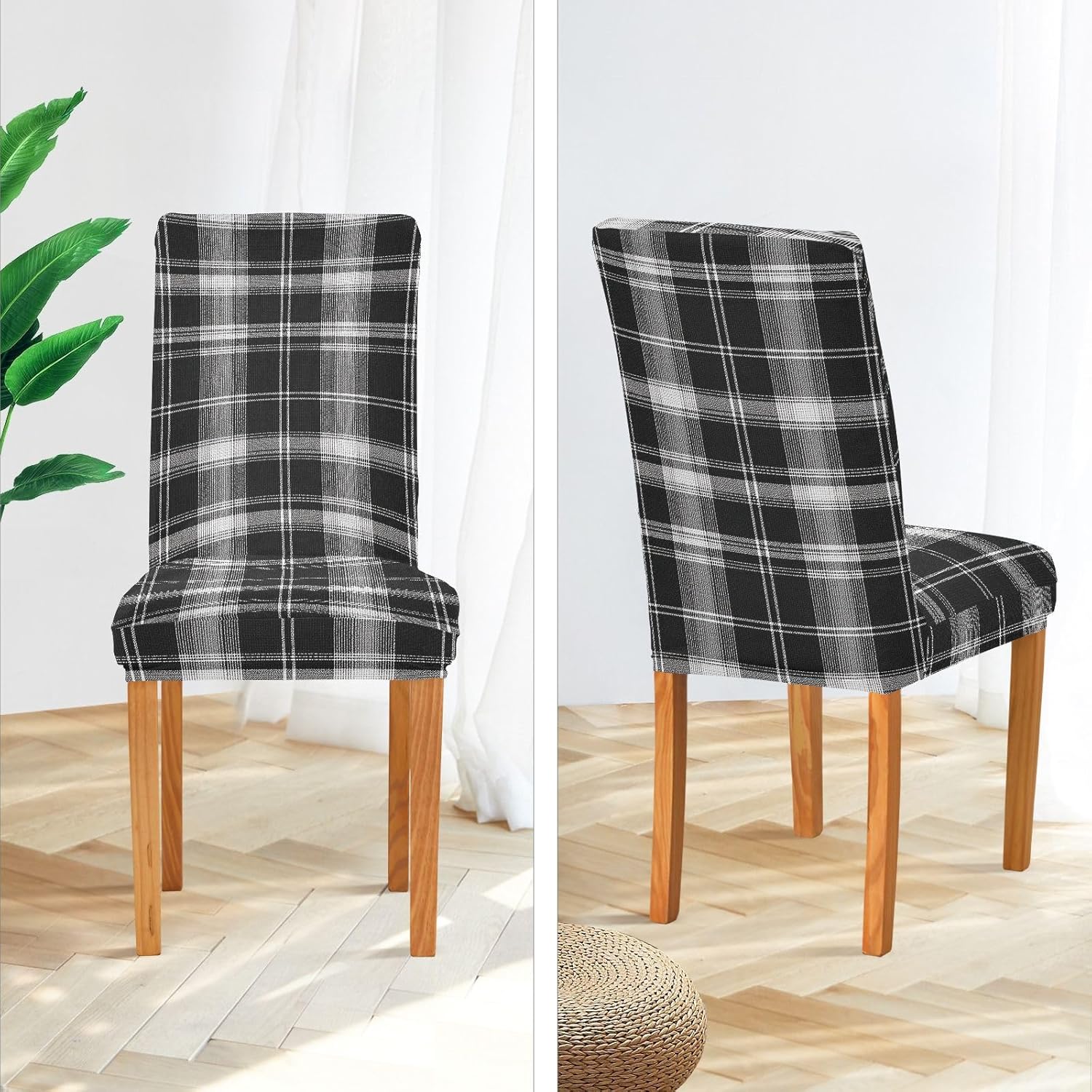 ALAZA Chair Covers for Dining Room, Black White Plaid Tartan Stretch Chair Cover Sets Chair Protector Removable Washable for Ktichen Restaurant Hotel