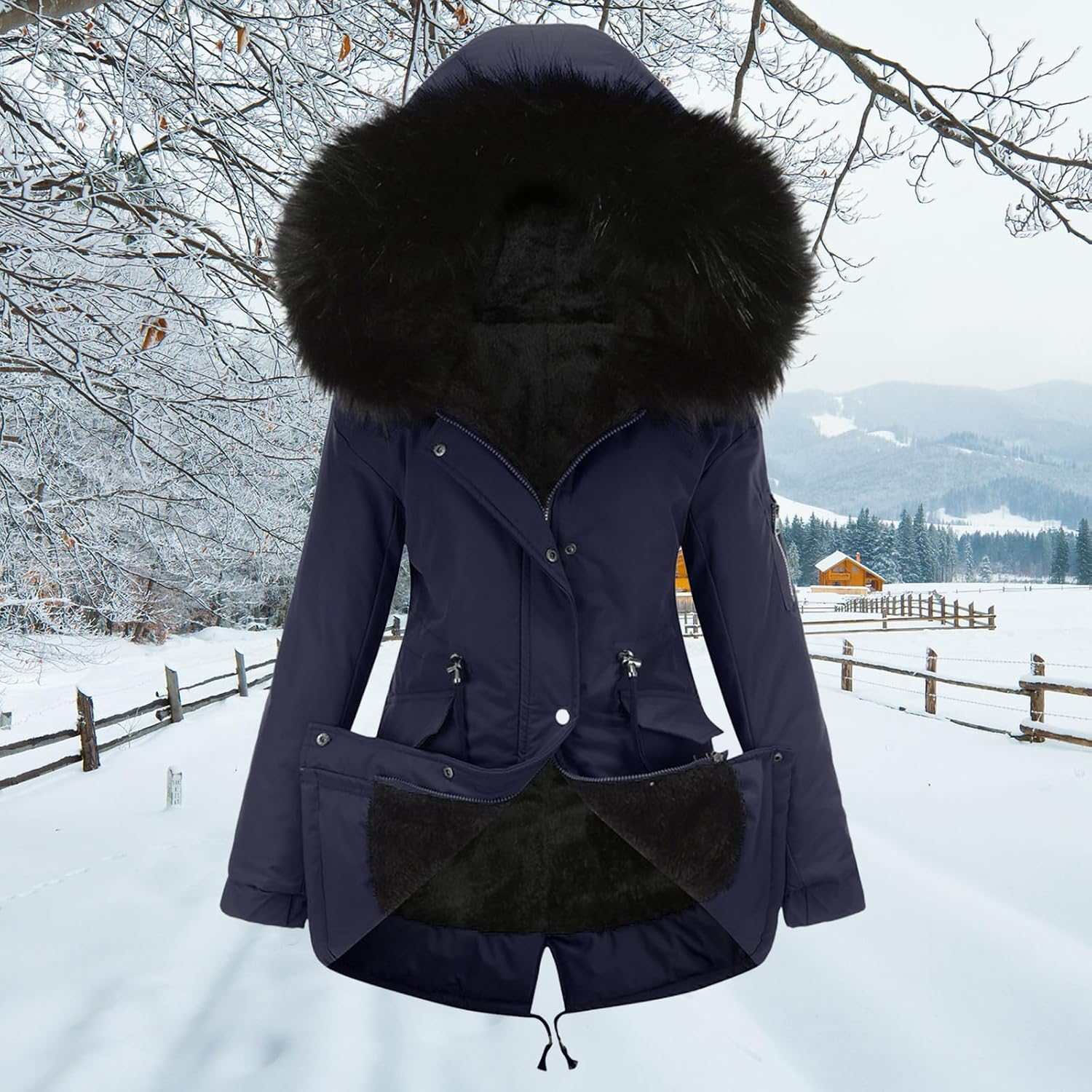 Women's Winter Coat Thicken Fleece Lined Parka Anoraks Cozy Warm Snow Coat Mid Length Hooded Jacket with Fur Hood