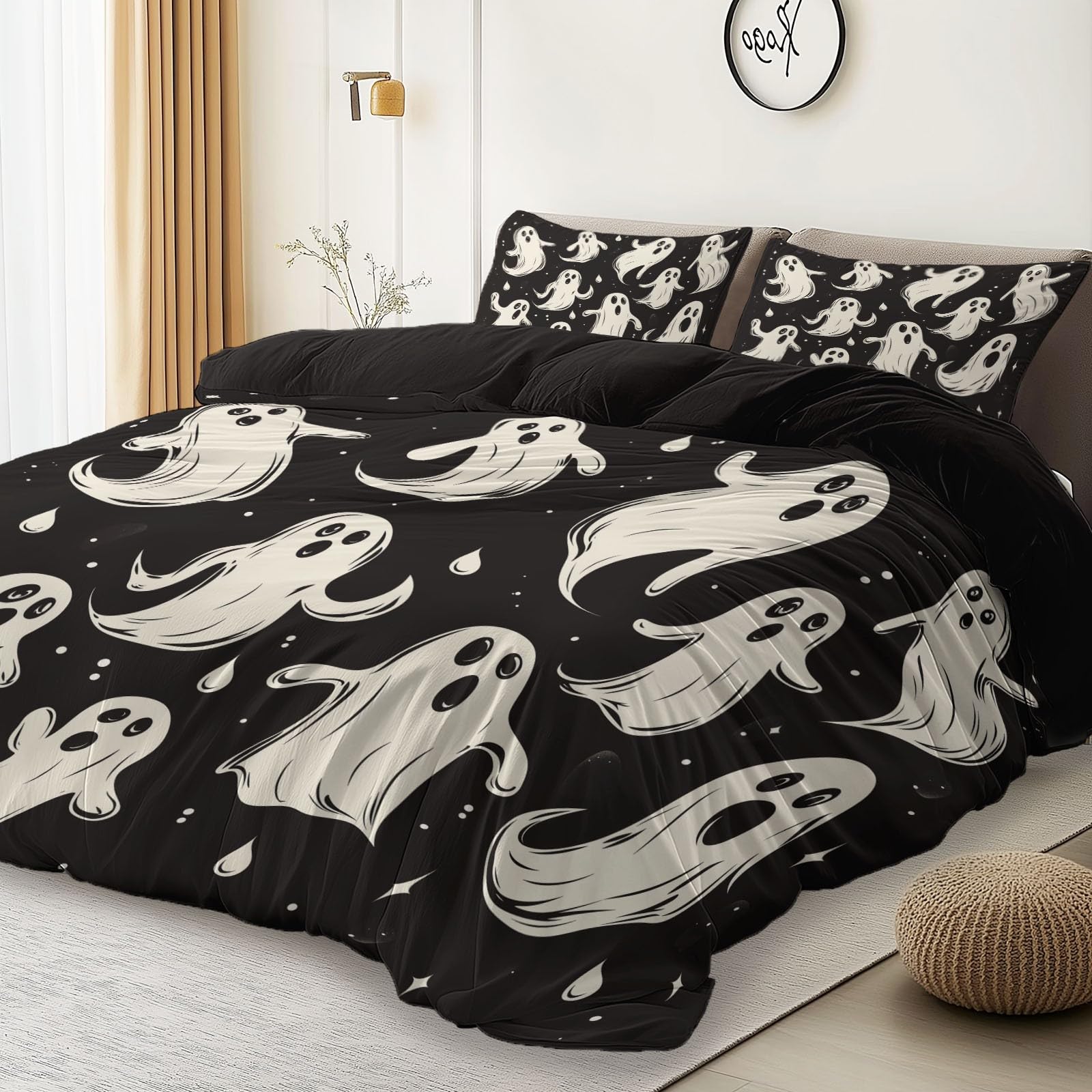 Dwustronna poszwa na kołdrę 240 x 260 cm, kreskówki urocze duchy krople wody 3-częściowy zestaw, czarna pościel z mikrofibry, bardzo miękka i oddychająca z zamkiem błyskawicznym