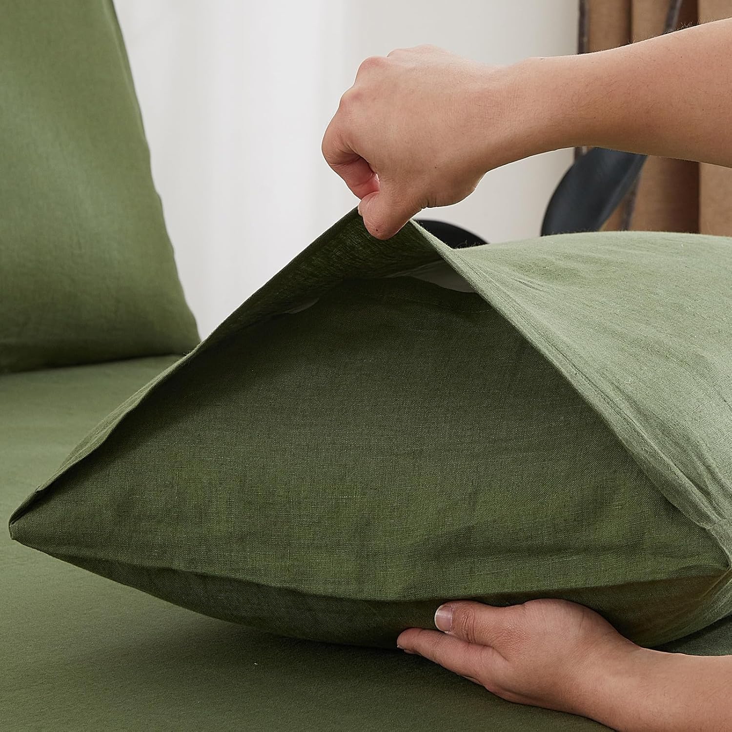 100% Linen Sheets Set Queen Size, Natural Pure Flax 4 Piece Bed Sets, 16" Deep Pocket, Breathable Cooling Bed Soft Durable Bedding, Machine Washable (Mossy Green,Queen)