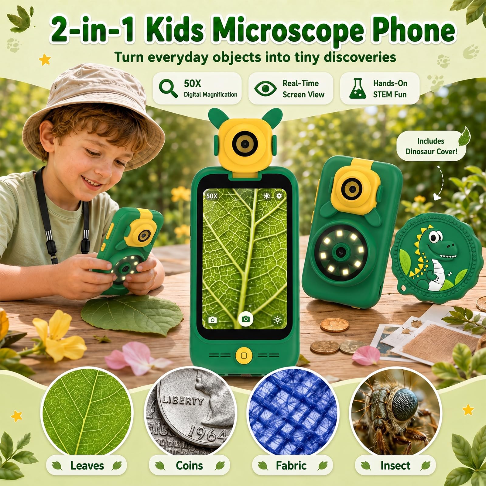 Teléfono Móvil Juguete Niños con Microscopio: Smartphone Portátil 3-8 Años | Cámara Giratoria 180° Pantalla Táctil 2.8 Tarjeta 32 GB Juegos Ciencia Educativo STEM Regalo Cumpleaños Dinosaurio Niño Niña