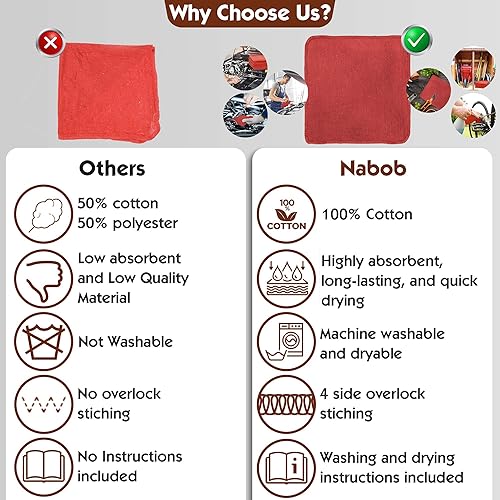 Miniatura 3 de Nabob Wipers Shop Towels Paquete de 50 trapos de algodón de 14 x 14 pulgadas, grado comercial (paquete de 50, rojo)