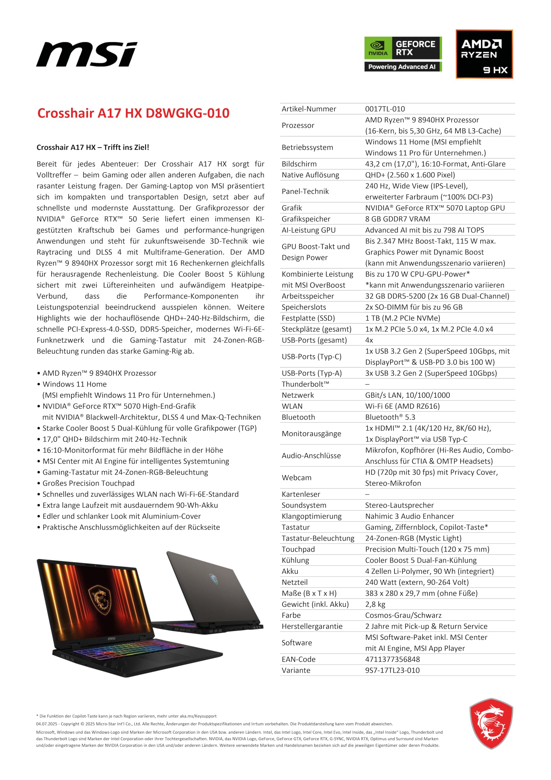 MSI Crosshair A17 HX, Computer portatile da gioco da 17", QHD+ 240Hz, display AMD Ryzen 9 8940HX, NVIDIA GeForce RTX 5070, 32 GB RAM, SSD da 1 TB, Windows 11 Home, QWERTZ, tastiera cosmo grigio