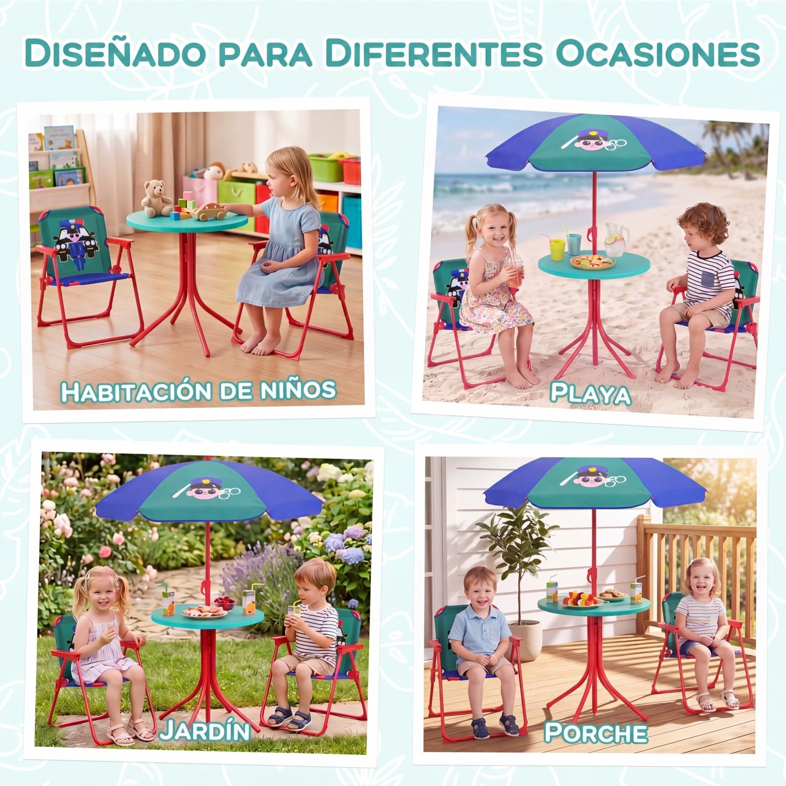 GOPLUS Juego de Mesa Picnic y Silla Playa para Niños, Mesa de Actividad Plegable Infantil con 2 Sillas Plegables y Sombrilla de Altura Ajustable, Mueble de Patio Portátil (Azul)