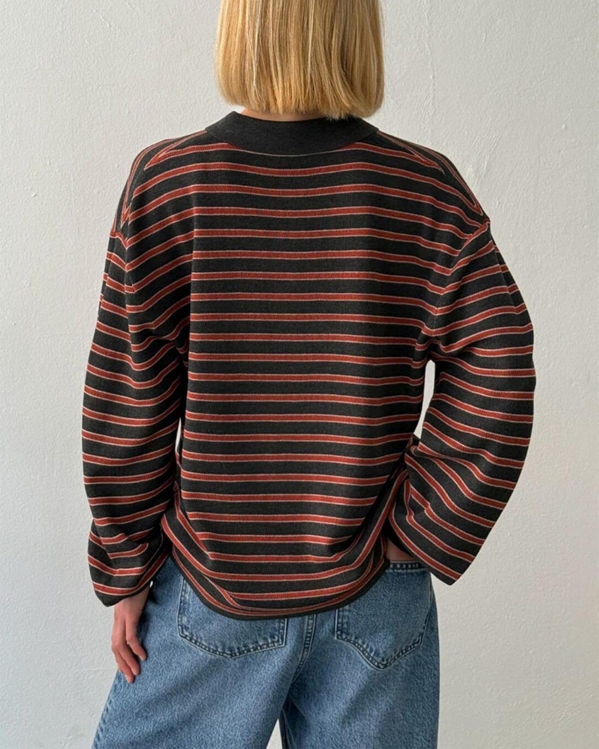 Women Y2K Oversized Striped Polo Sweater Vintage Aesthetic Preppy Knit Pullover Tops Long Sleeve Golf Rugby Sweater - Image 3