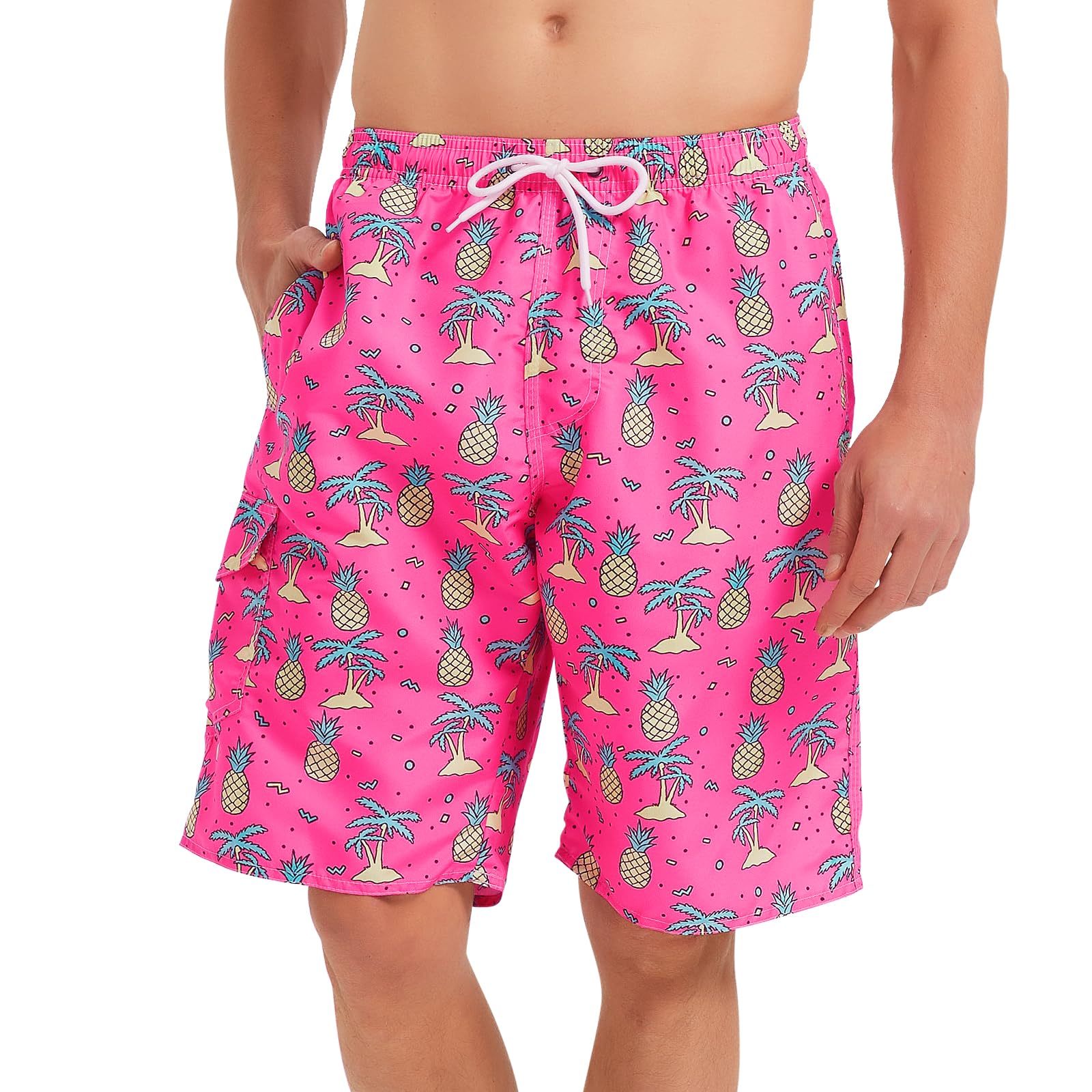 Srnede Mens Swim Trunks Swim Shorts Swimwear Bathing Suits Quick Dry with Mesh Lining, Pinkyellow, XXL
