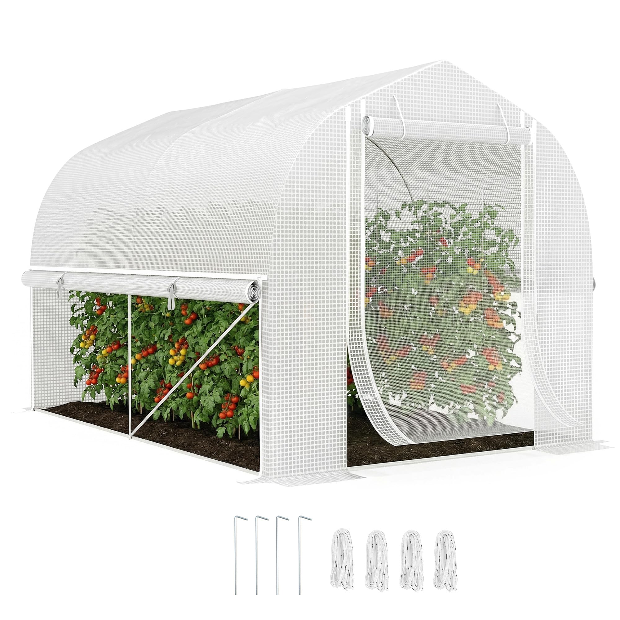 Outsunny Gewächshaus 3 x 2 x 2 m Foliengewächshaus mit 4 Fenster & Tür, Aufrollbar Seitenwänden, UV-beständiger Folientunnel Tomatenhaus mit verzinkten Stahlrahmen, Weiß