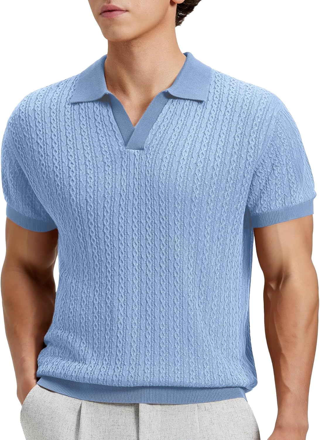 Susclude Mens Old Money Knit Shirts Textured Short Sleeve V Veck Polo Sweater Casual Collared Pullover Stretch Shirt Summer