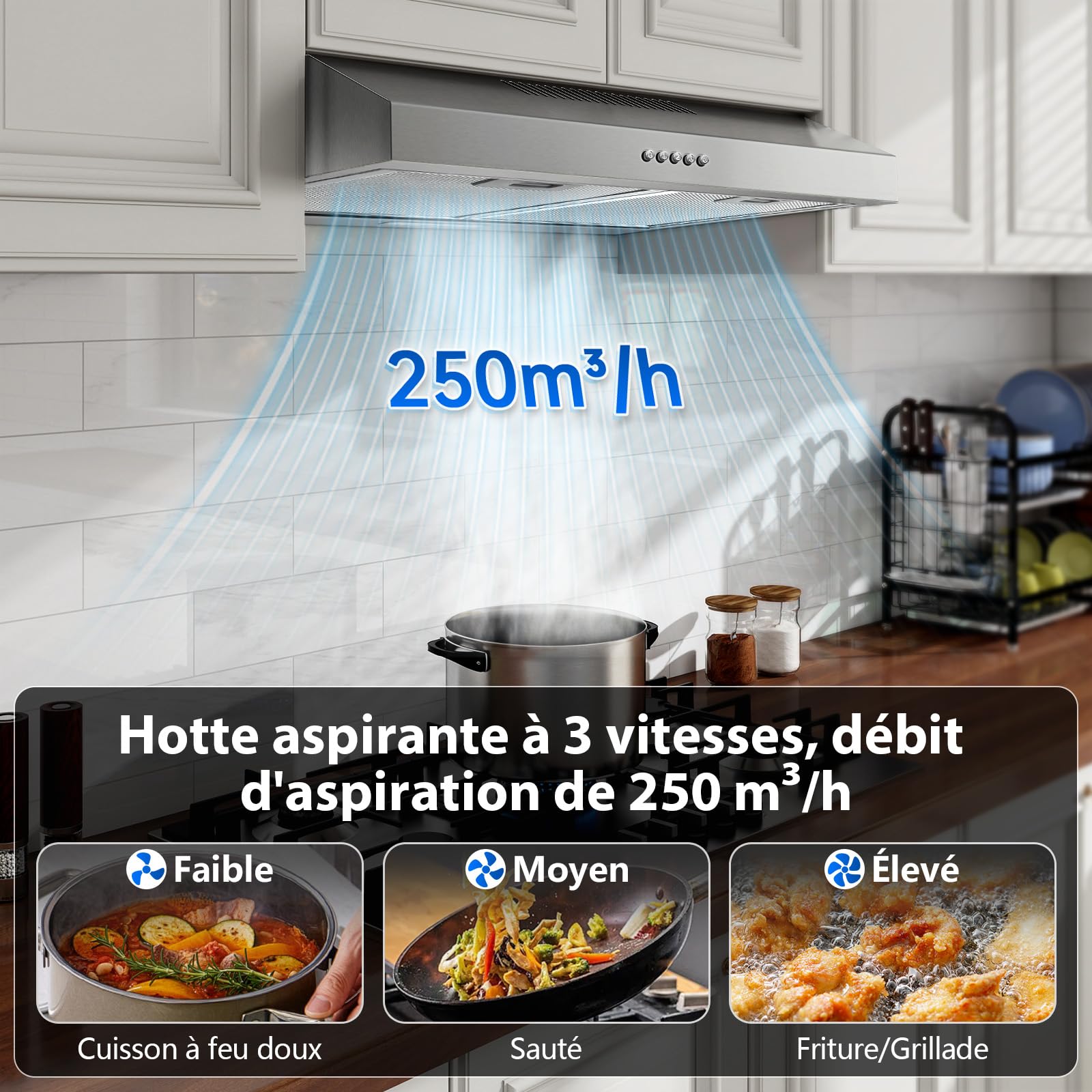 TopStrong Hotte Aspirante 60 cm Encastrable, 250 m³/h Hotte de Cuisine Slim, 3 Vitesses, Classe A+, LED, Inox 430, Recyclage & Évacuation