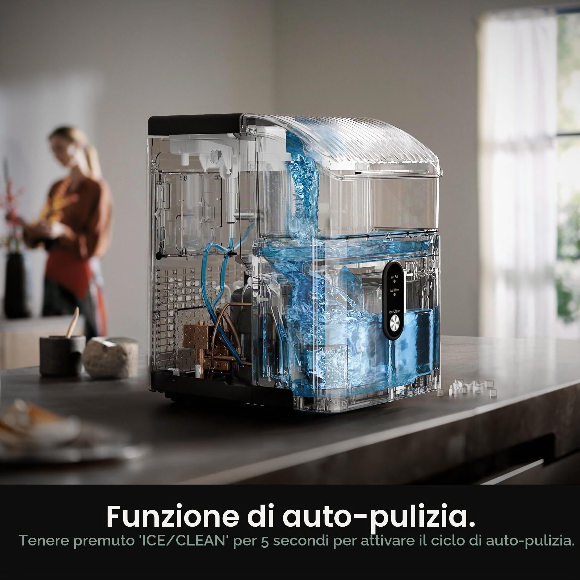 Kismile Nugget Ice Makers - Macchina per il ghiaccio portatile con ghiaccio tritato, 15,9 kg/giorno, autopulente, funzionamento con un clic per uso domestico (argento)