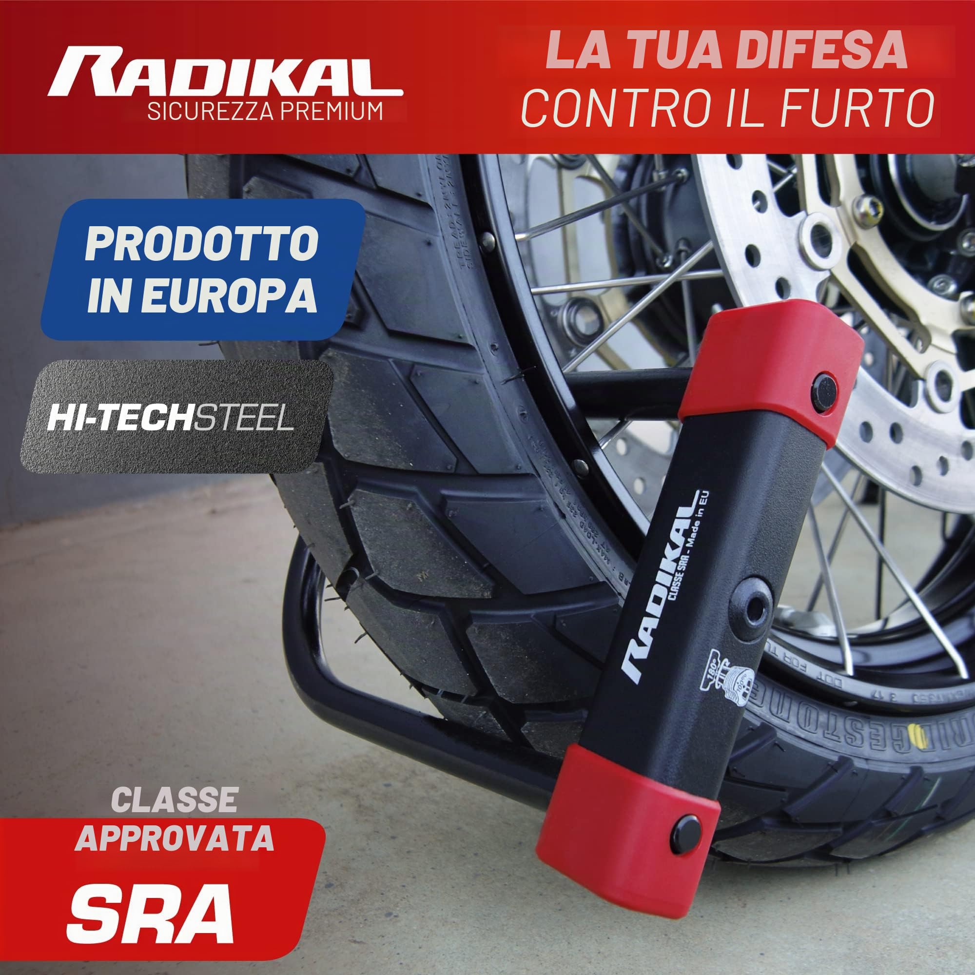 RADIKAL RK120220 Lucchetto a U Premium Omologato SRA, 120x220mm, Bloccaggio su Entrambi i Dischi Freno, Arco ø18mm Acciaio Cementato Rivestito a Doppio Chiusura, Serratura Antifurto U Lock Moto
