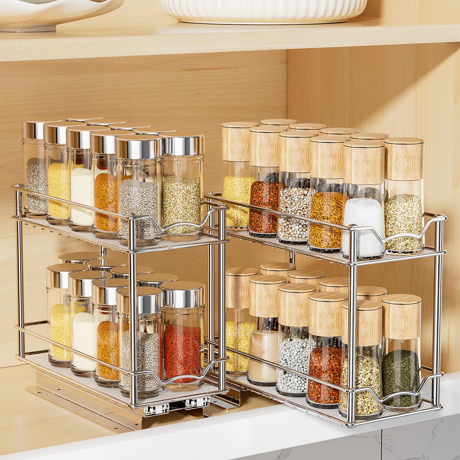 Photo 1 of [Missing Parts] MUDEELA 2 Pack Pull Out Spice Rack for Inside Cabinet, 2 Tier Chrome Spice Organization for Cabinet, Vertical Sliding Out Spice Rack Organizer for Seasoning, 10.4''D×4.8''W×9.3''H