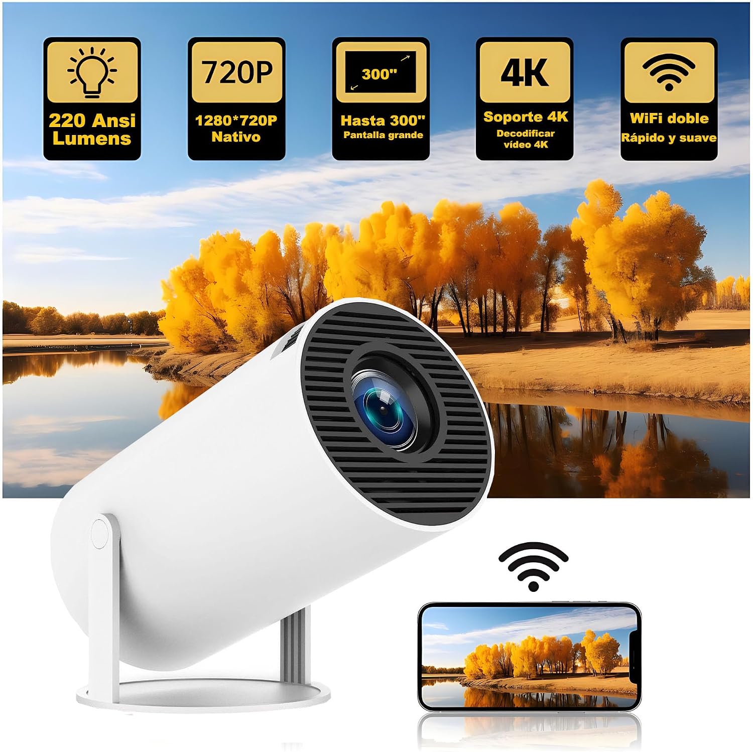 SOTEFE HY300 Pro Mini Projector displaying features like 220 ANSI lumens, 720P native, 300-inch screen, 4K support, and dual WiFi, with a phone mirroring content.