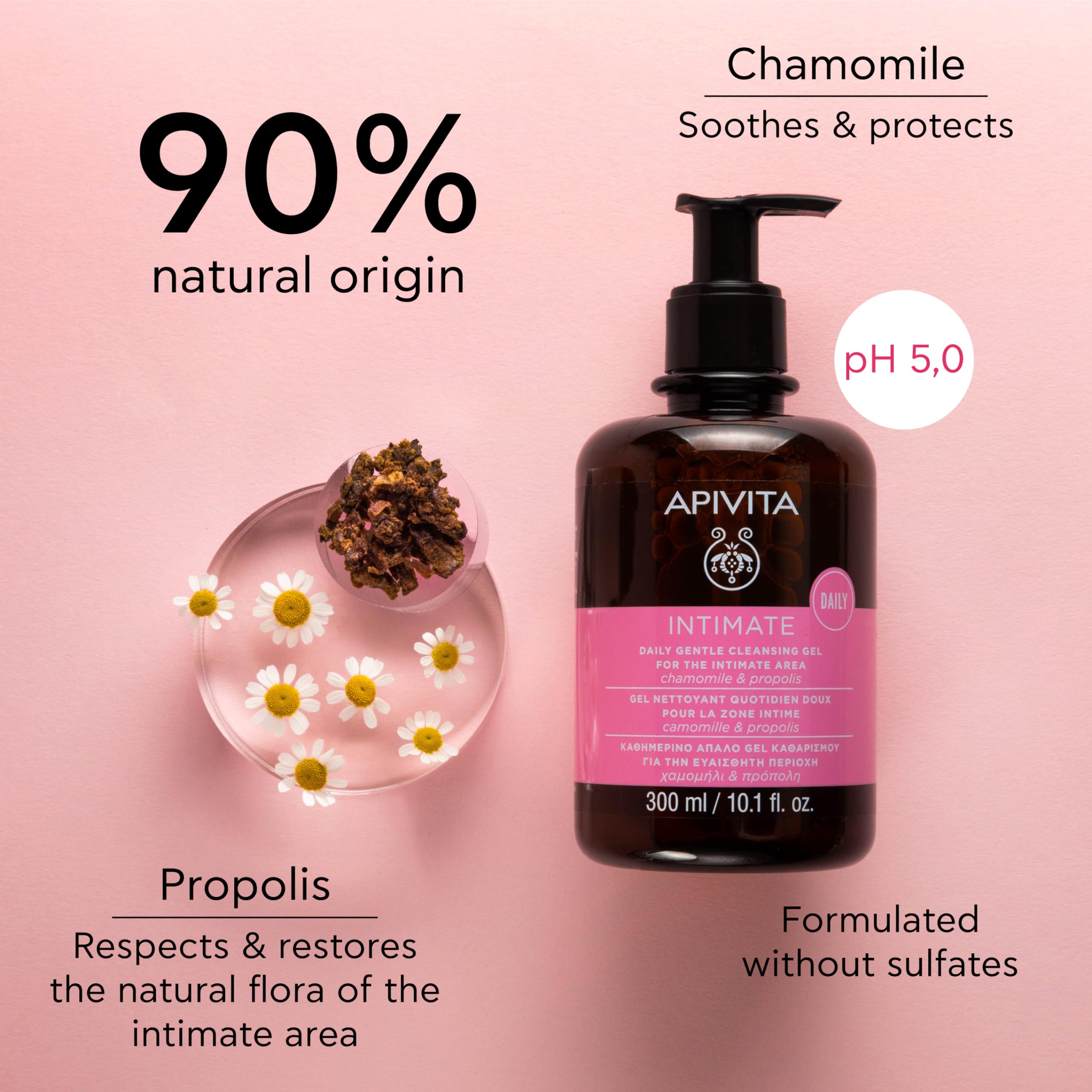 Apivita Intimate Gentle Daily Feminine Wash 300ml, Chamomile, Propolis and Aloe Vera Juice, Natural Sulfate Free - Image 2