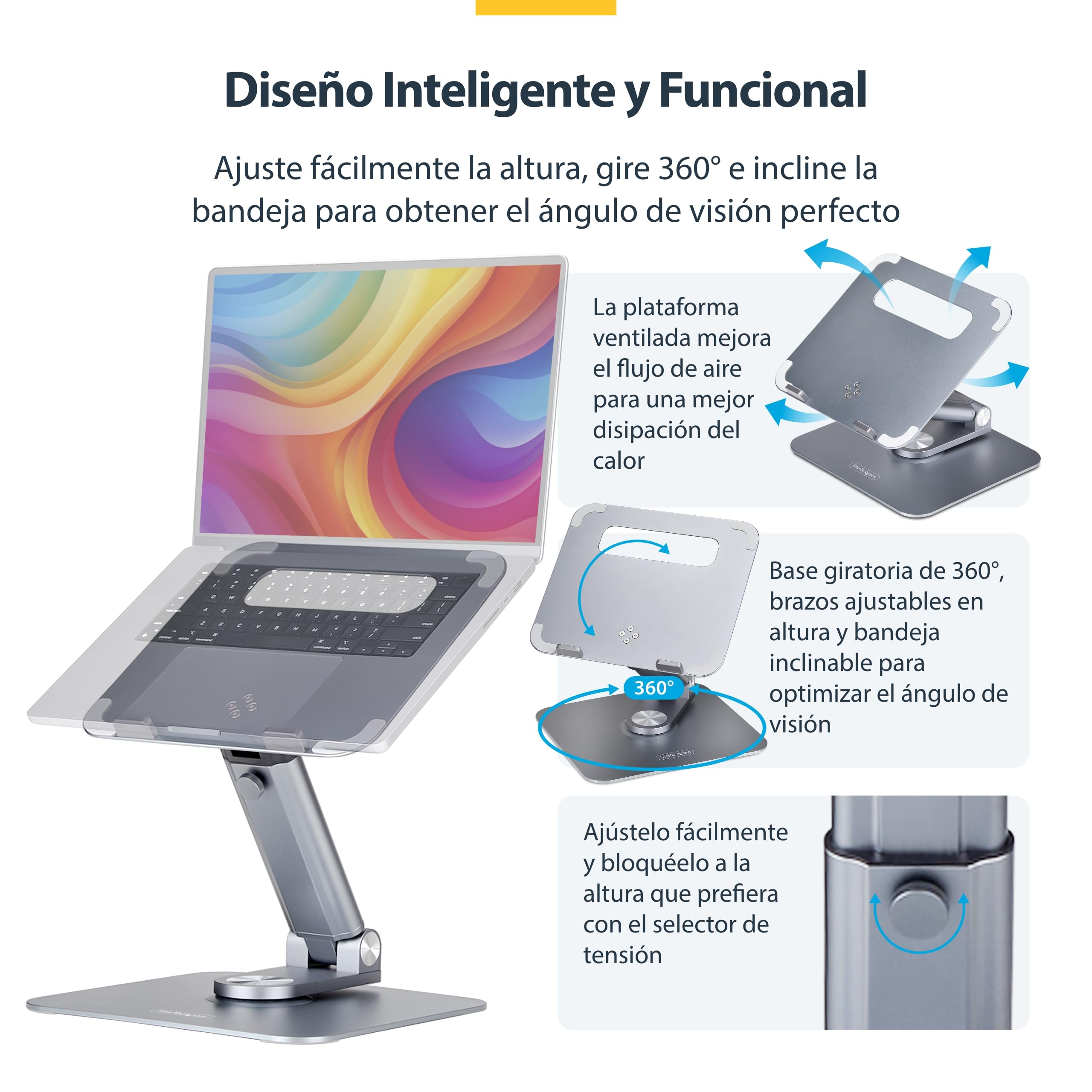 StarTech Soporte Telescópico para Portátil, Giratorio 360, Ajustable | Bandeja de aluminio ventilada, Plegable y ligero 1, 7kg, Base 23, 5x26cm