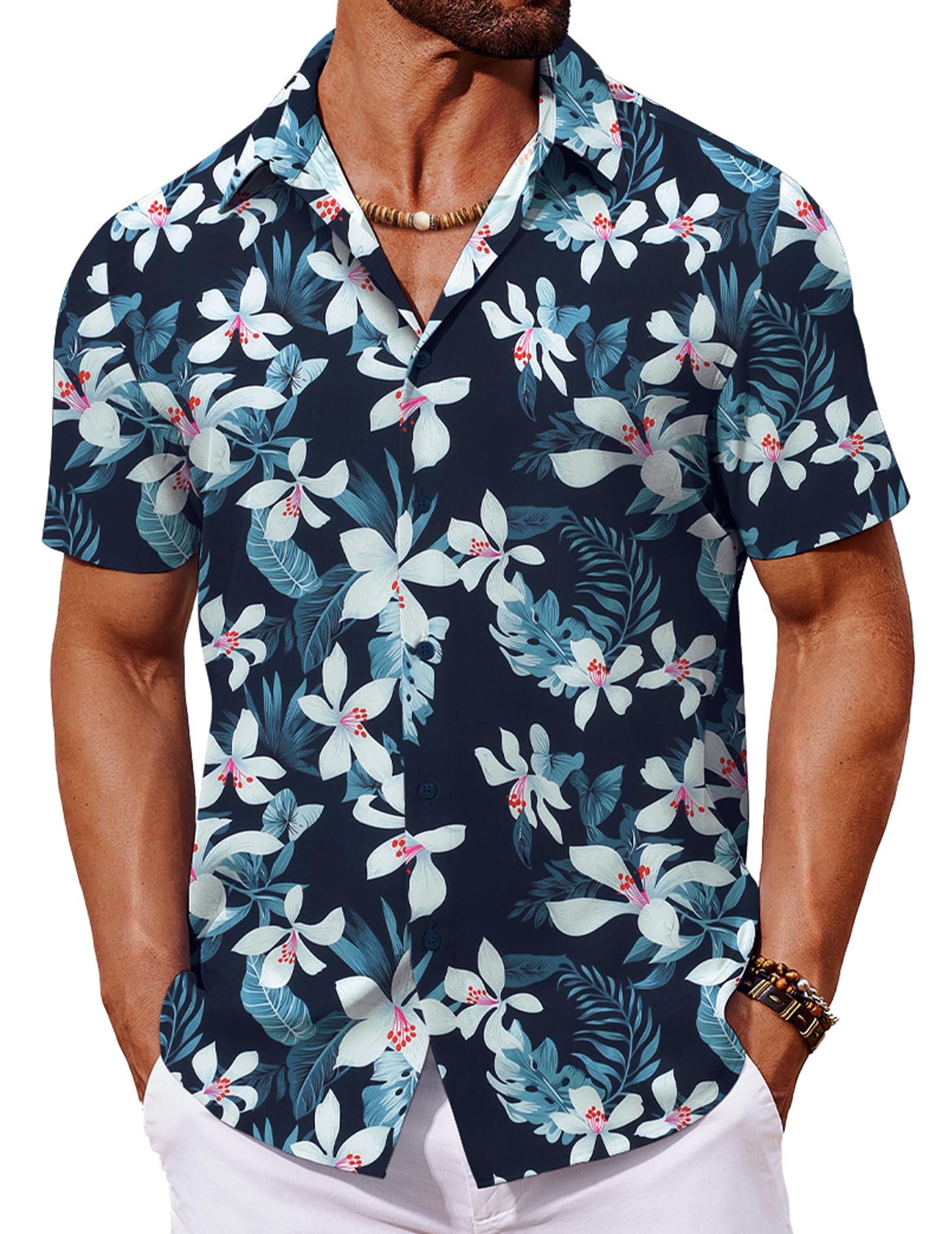 COOFANDY Hawaii Hemd Männer Kurzarmhemd Hawaiihemd Herrenhemd Kurzarm Sommerhemd Blumen Hemd Strandhemd Weiße Blumen Navy S