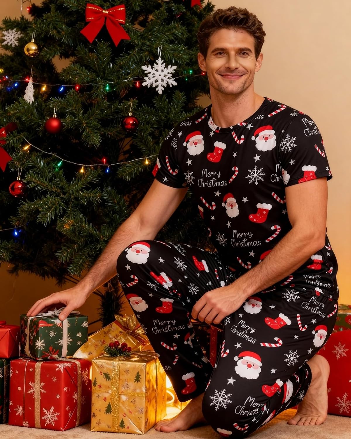 Mens Christmas Pajamas Set Xmas Pjs Short Sleeve Men Santa Claus Sleep Shirts + Pajama Pants S-XXL