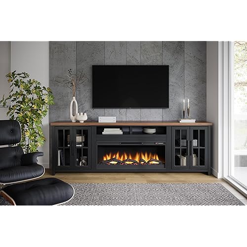 Bridgevine Home Essex Modern Farmhouse 97 inch Electric Fireplace TV Stand Entertainment Center, Accommodates TVs up to 100 inches, Easy Assembly, Solid Wood, Black and Whiskey Finish