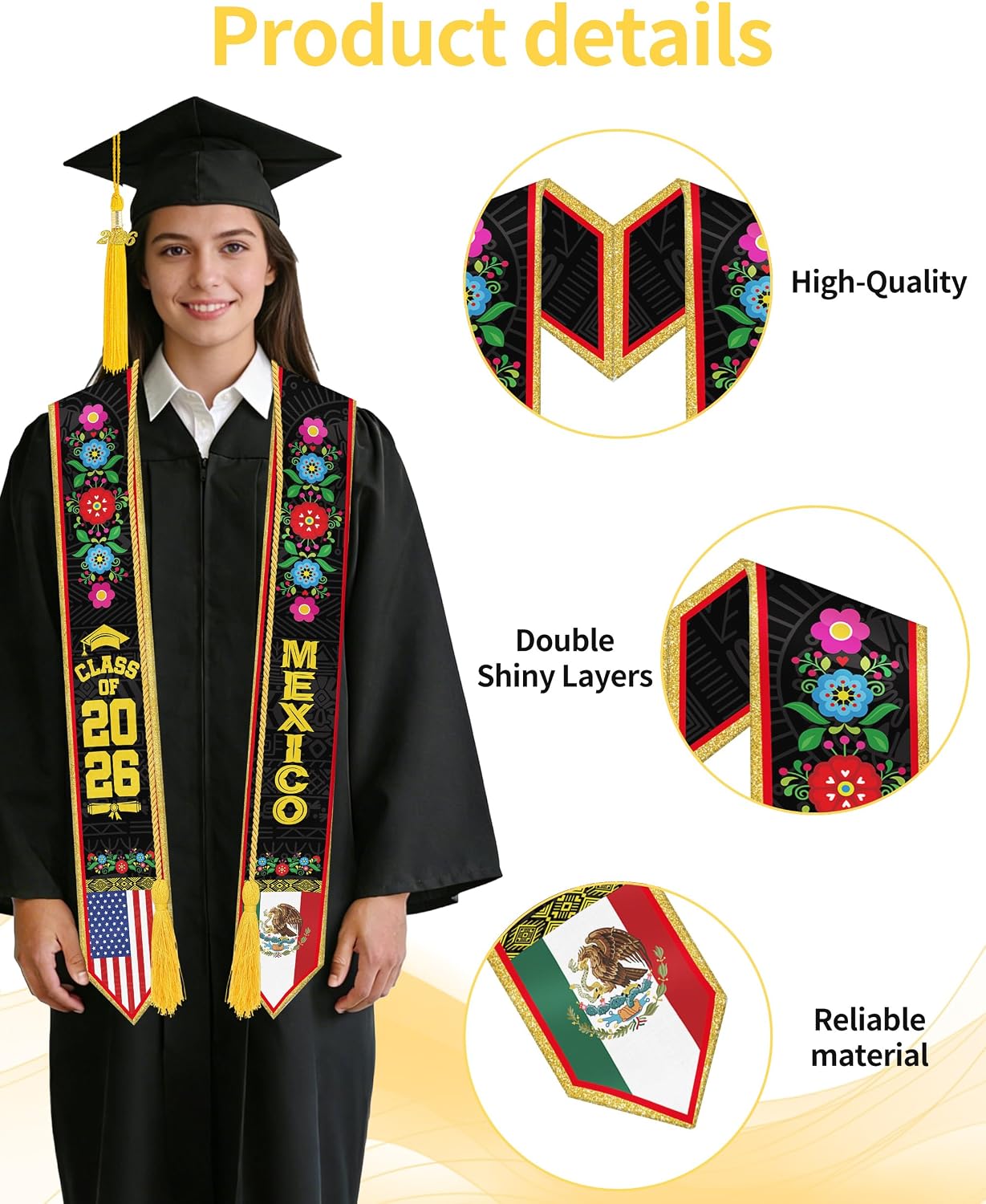 Romart Mexican American Graduation Sash 2026, Mexico Stole Class of 2026, Cultural Sashes for Adults Unisex