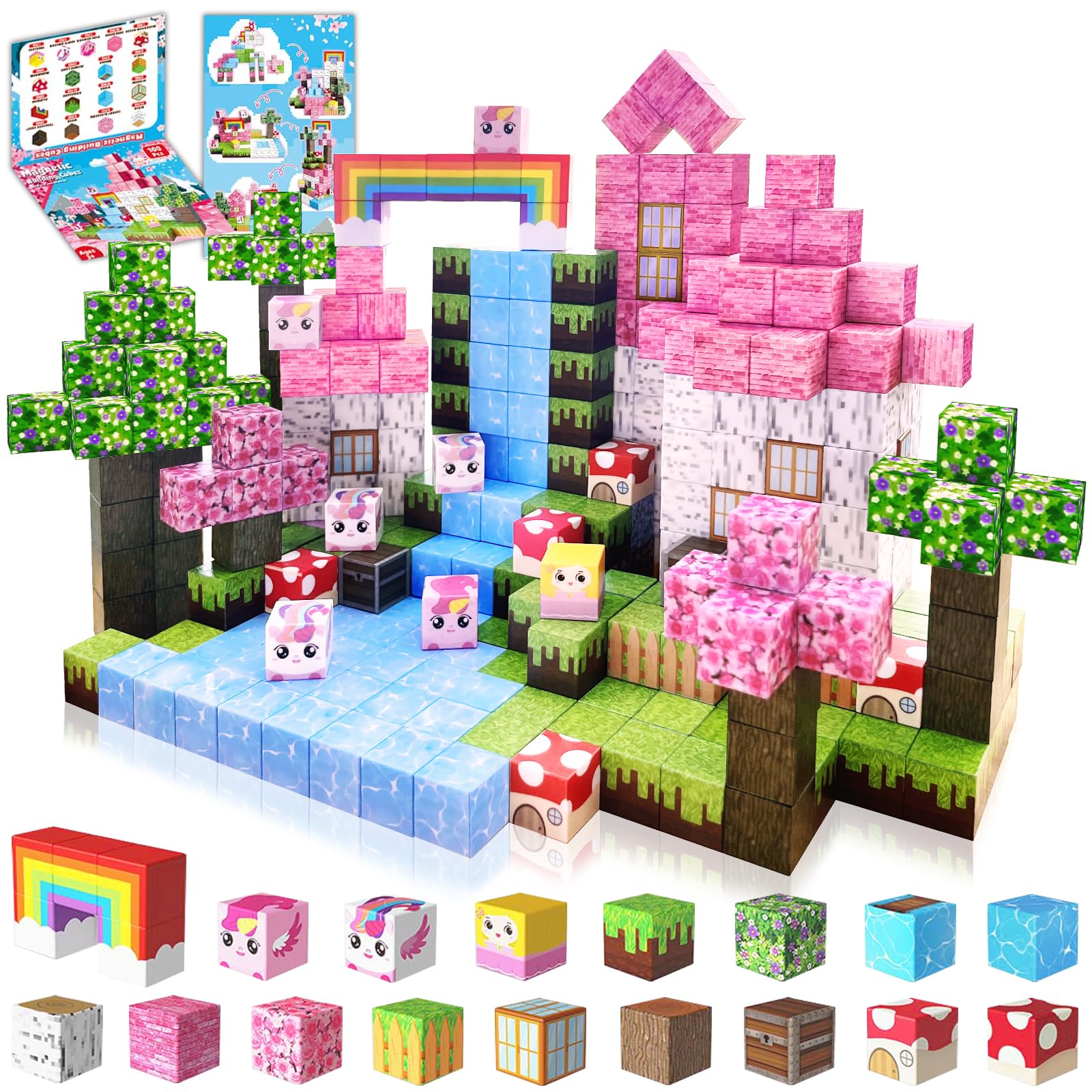 JLH Magnetic Blocks for Kids - 100 PCS Unicorn Magnetic Building Blocks and Cubes - STEM Montessori Sensory Toys for 3+ Year Old Girls Boys - Birthday Gift