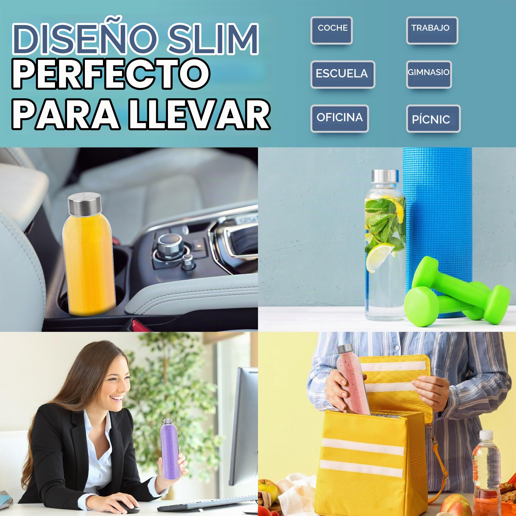 HEFTMAN Botellas de cristal de 500ml con tapa, botella de agua de vidrio vacía, hermética, a prueba de fugas, tapa de acero inoxidable, agua, batidos, botellas de zumo para trabajo, gimnasio, hogar