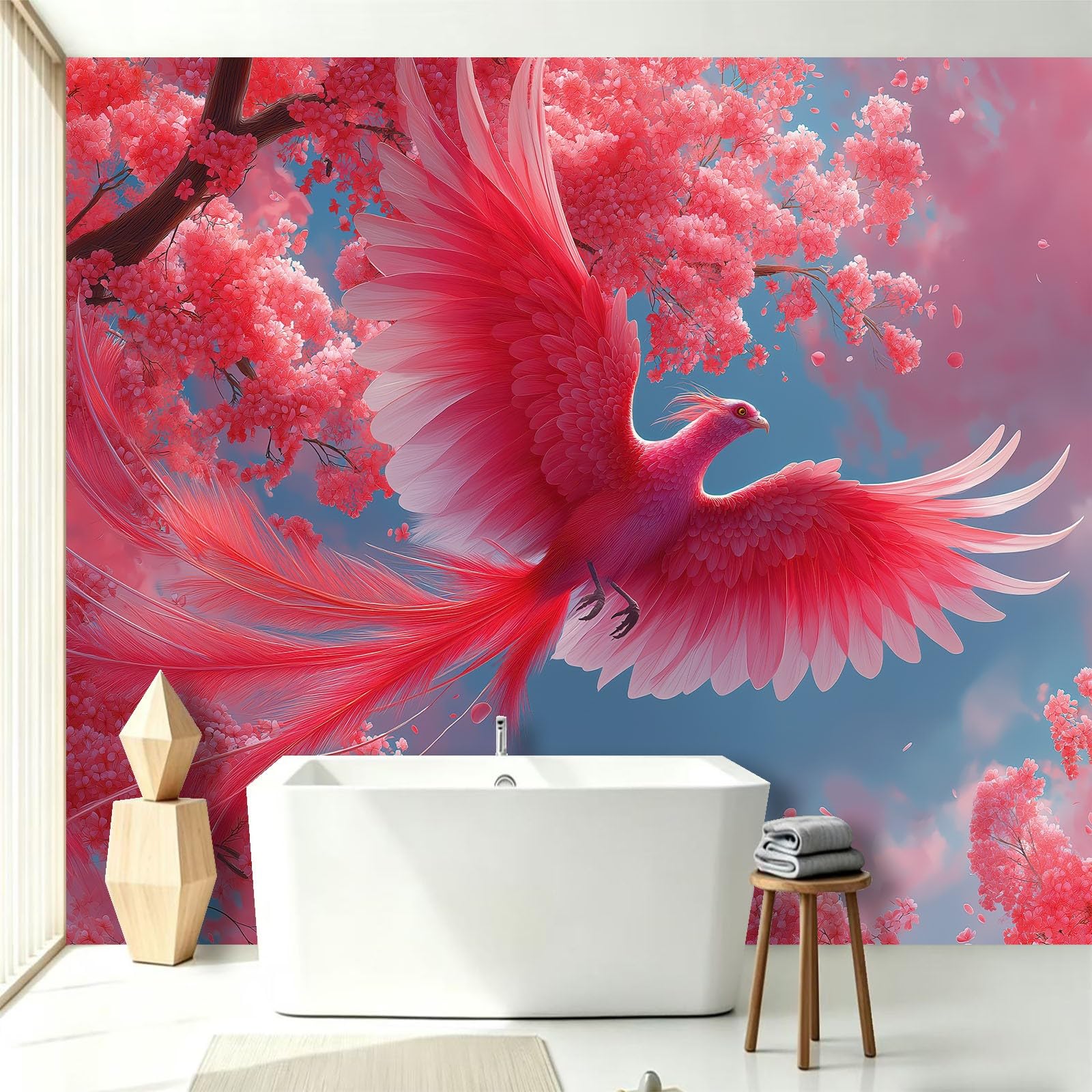 Estetyczna tapeta z kreskówki fototapeta feniks kwiat wiśni niebo niestandardowy nadruk fototapeta, 200 x 140 cm (szer. x wys.) włókniny murale tło ściana wnętrze do salonu, kuchni, sypialni i