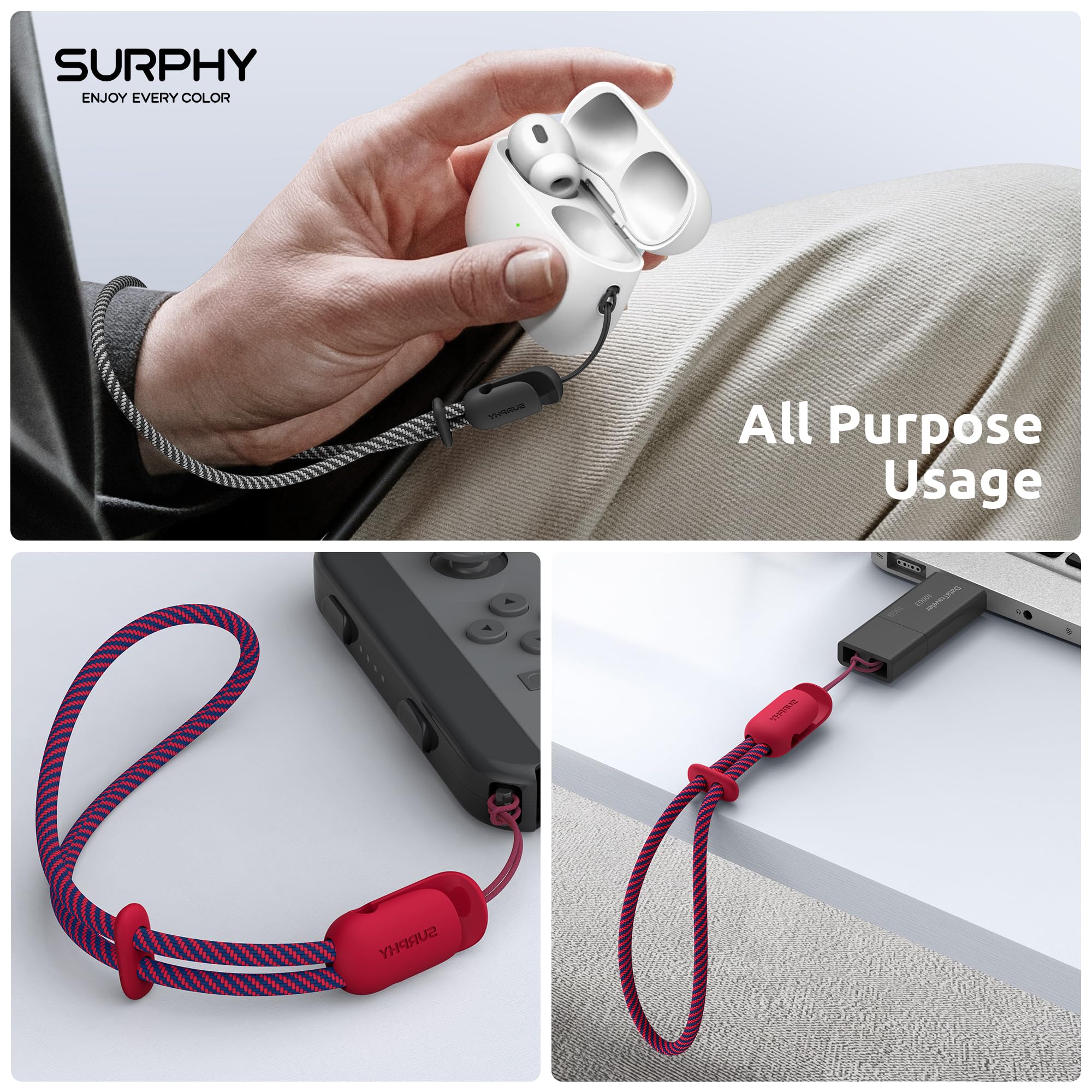 SURPHY Cordino per Cellulare,2 Pezzi Regolabili Universale Cordino,Compatibili con Custodia del Telefono per iPhone/Samsung/Xiaomi/Airpods e Molto Altro Ancora,24cm(Rosso & Nero)