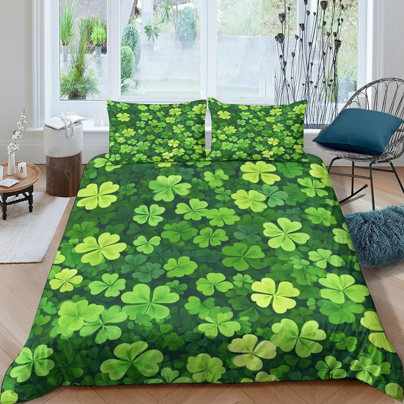 Ctjqhvkz Style-7 3D Printed Clover Leaf Fitted Sheet Microfiber Soft Green Shamrock Bed Cover For Bedroom Guest Room Decor Protection Single（135X200cm）