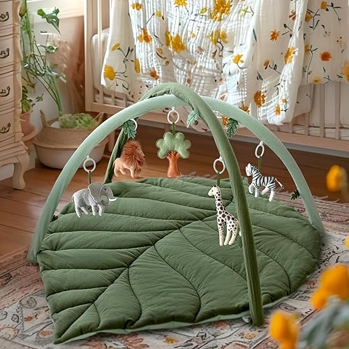 Miniatura 7 de Gimnasio de juegos para bebés con tapete en forma de hoja, tapete de juego para bebé con 5 juguetes colgantes, tapete para el tiempo boca abajo,