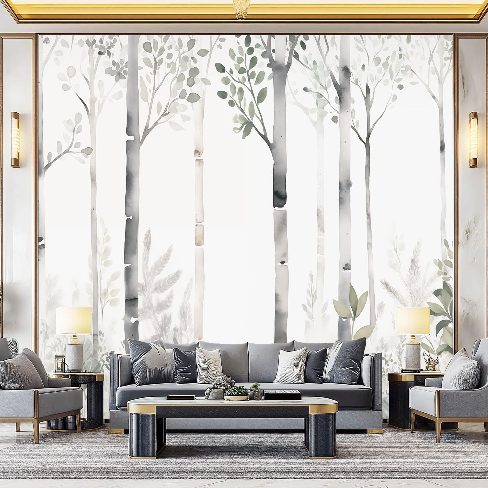 Akwarela Tapeta Ścienna 400 x 280 cm - Brzozowy Las Rośliny Tapeta Szary Sztuka Mural Dekoracja Do Jadalni Salonów Pokojów Salonu Sypialni Biura Salon