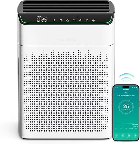 Air Purifier for Home Large Room up to 1690 ft², HEPA Filter with PM 2.5 Monitor, WiFi and Alexa Compatible, Dual Air Intake for Smoke, Odor, Pets, White