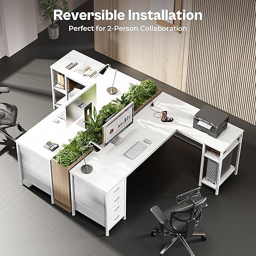 Miniatura 3 de Huuger Escritorio en forma de L de 63 pulgadas con cajones de tela, escritorio reversible para computadora y juegos con tomas de corriente y puerto