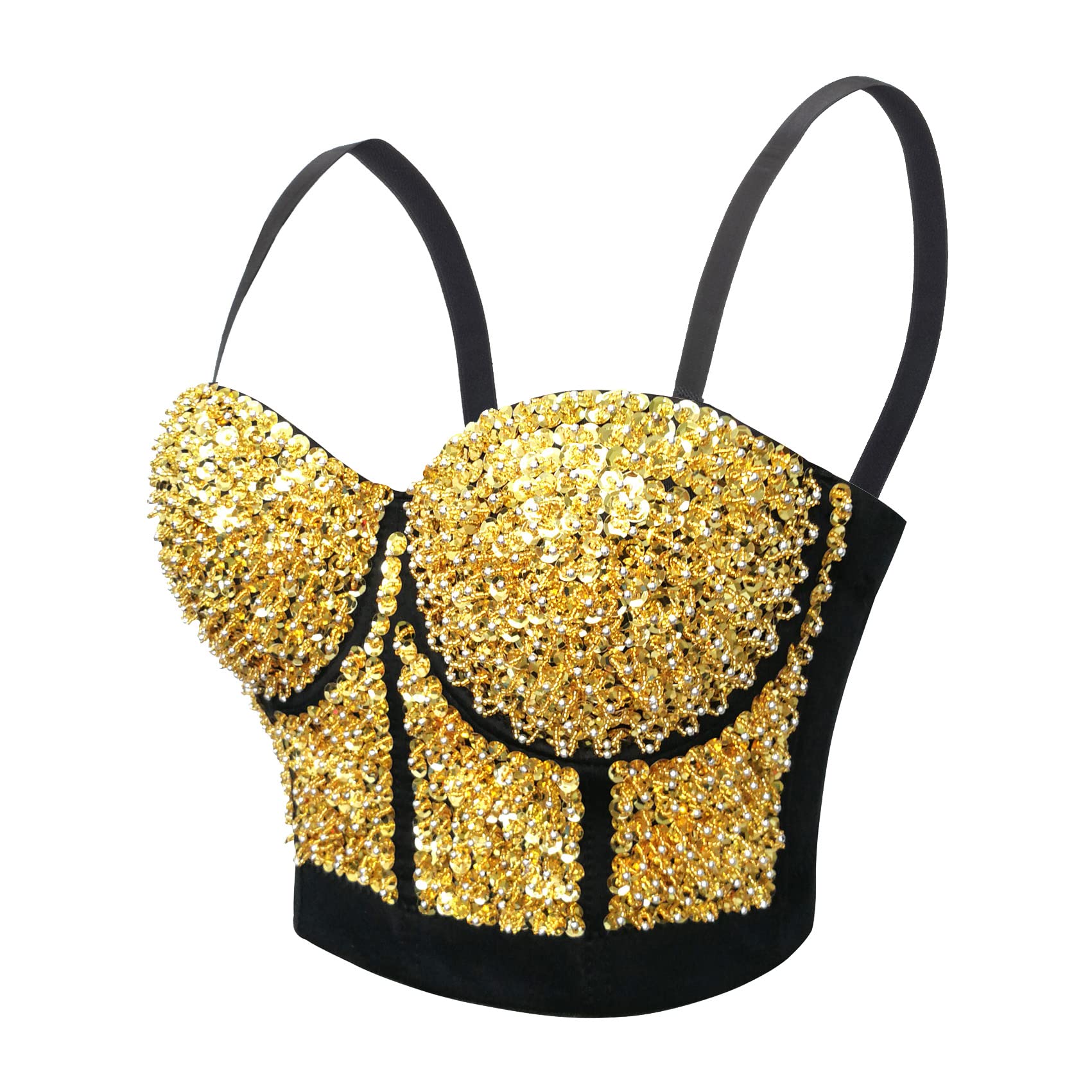 Woboren Women's Sequin Beaded Bustier Crop Top Push up Club Party Corset Top Detachable Straps