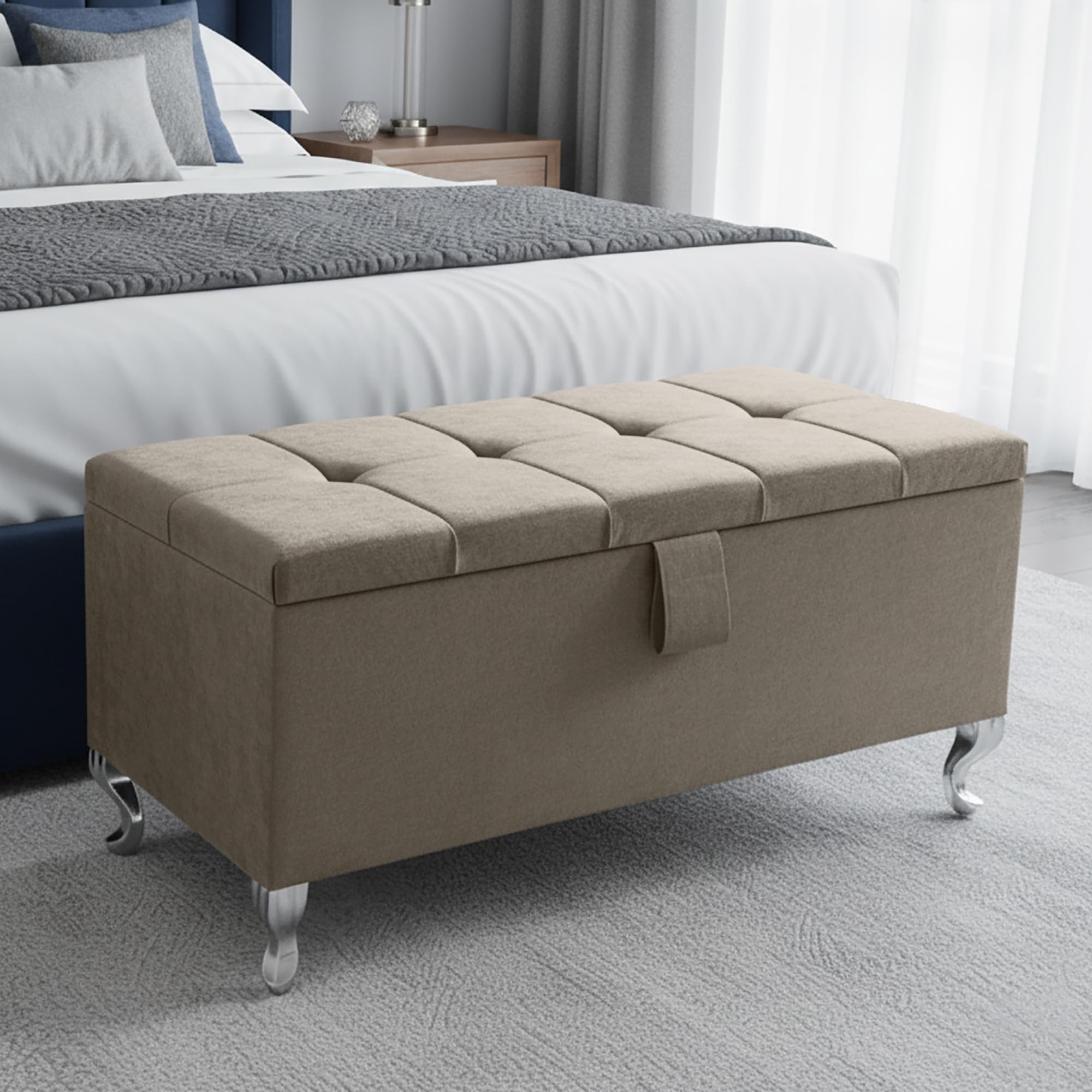 Aiza's Ottoman Storage Box - Large Cube Style Engineered Wood Luxurious Plush Velvet Ottoman Storage Bench - (Coffee Plush, Legs) โ image 1