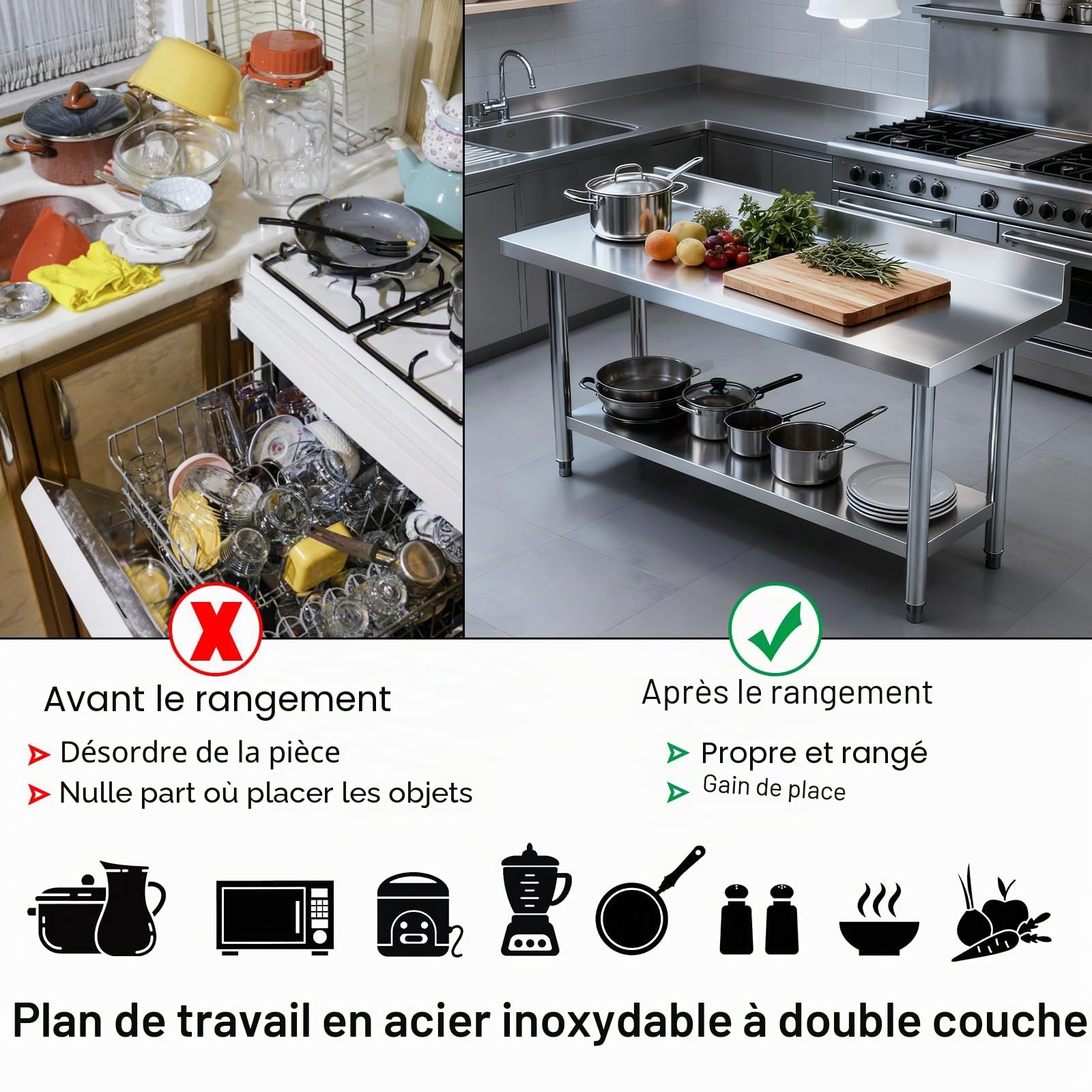 Table de travail en acier inoxydable avec pieds réglables - Table de préparation - Meuble de cuisine pour restaurant, bar - Argenté - 150 x 50 x 85 cm