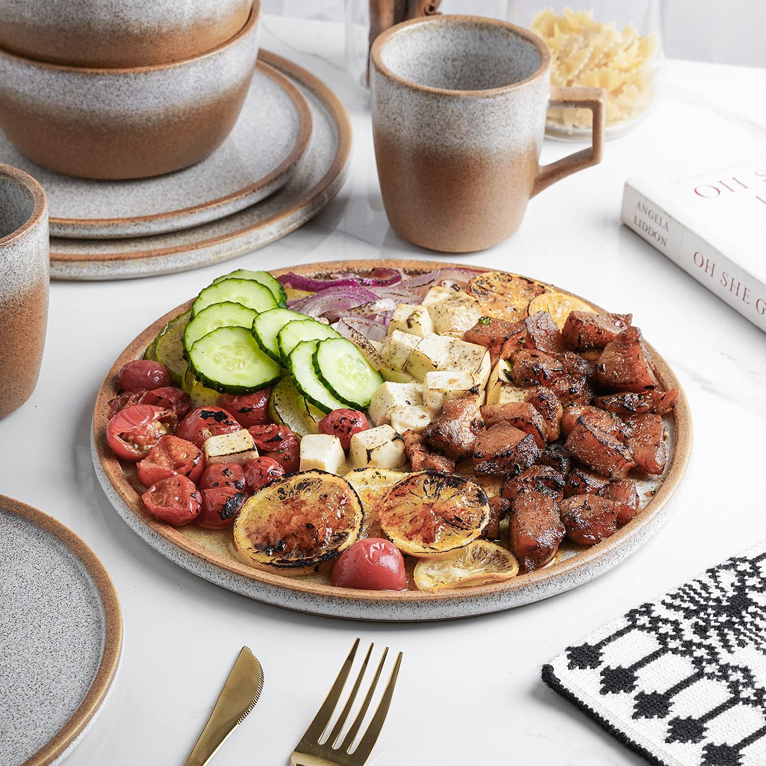 Stone Lain Vince Rustic Stoneware Reactive Glaze Dinnerware Set, Service for 4, Brown, 16 Piece