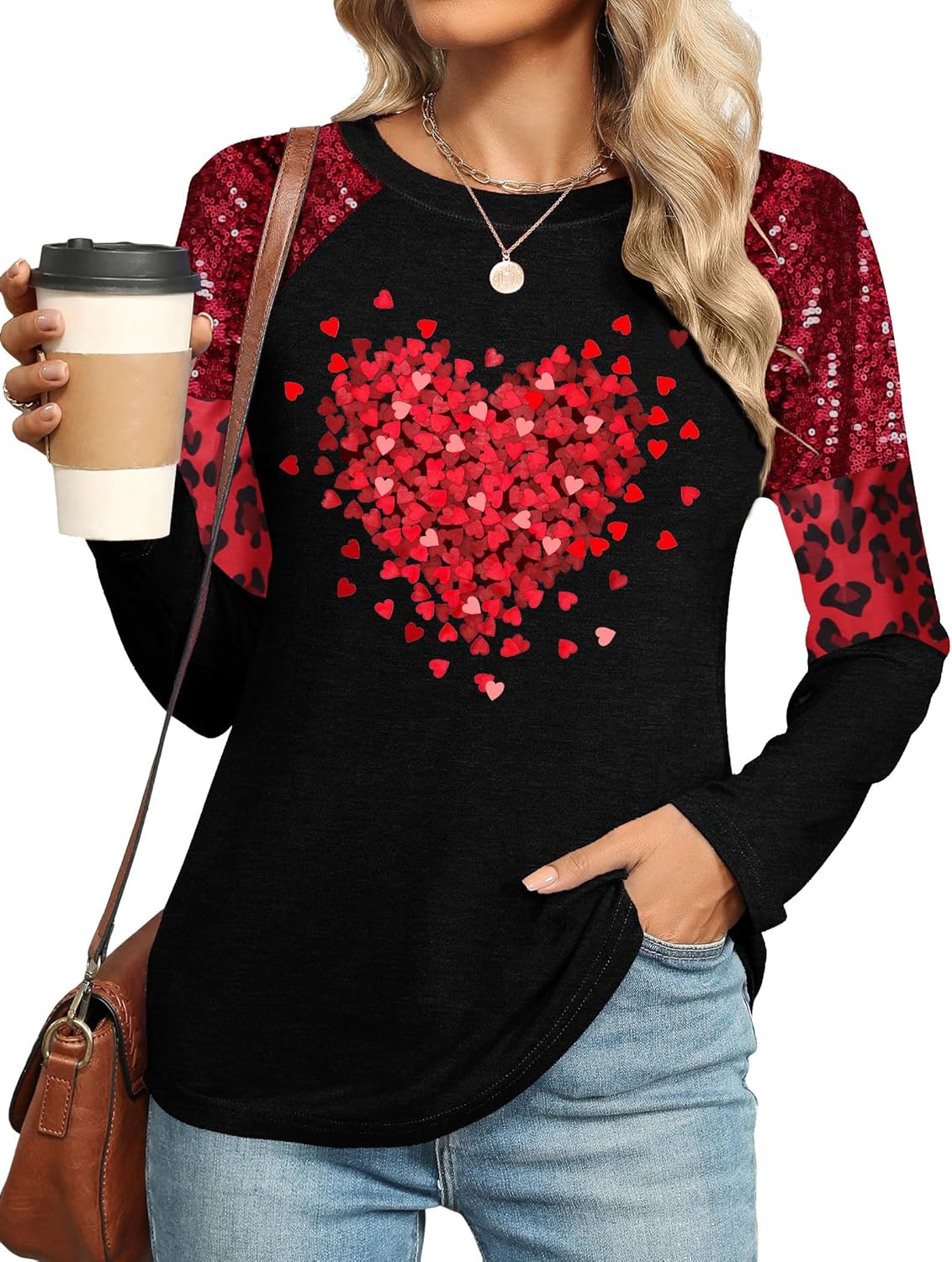 Valentine's Shirt for Womens Love Heart Print Graphic Tees Buffalo Plaid Long Sleeve Tops