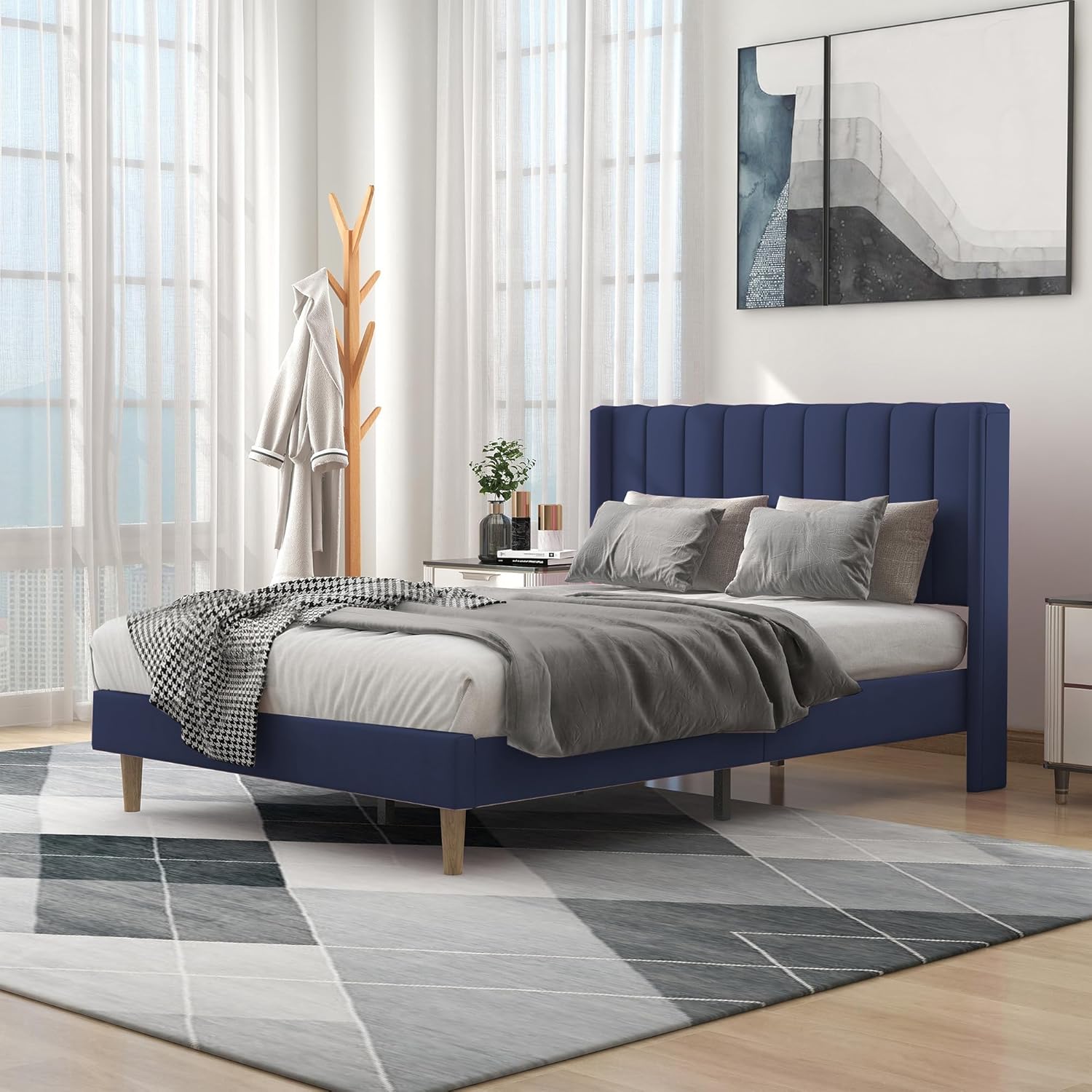 alazyhome Upholstered Platform Full Size Bed Frame with Headboard Wooden Slats Support No Noise Easy Assembly Blue Velvet