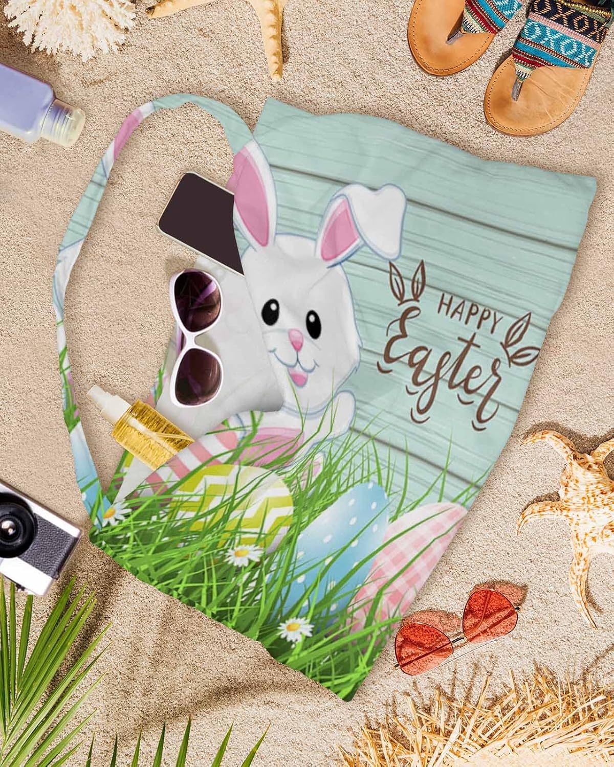 Easter Bunny Beach Pool Patio Lounge Chaise Chair Cover Towel With Pockets,Absorbent & Quick Dry Microfiber Towel Cover Bag Summer Accessories for Sunbathing Easter Colorful Egg Farmhouse Wooden Green