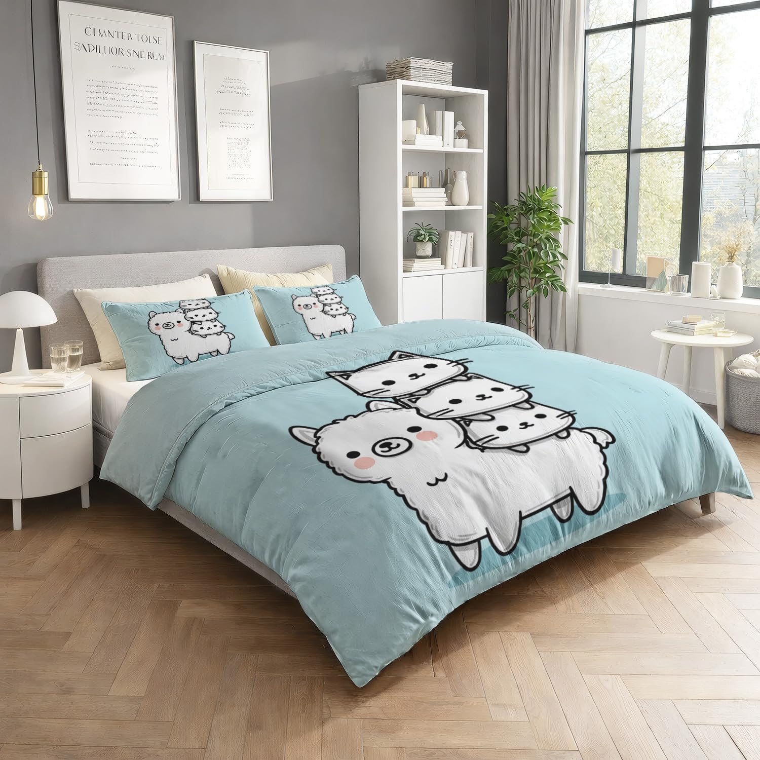Generico Niebieskie niebo kreskówka zwierzęta alpaka koty urocze 3-częściowy zestaw pościeli 240 x 220 cm - zestaw pościeli z miękkiej mikrofibry, z zamkiem błyskawicznym i poszewkami na poduszki