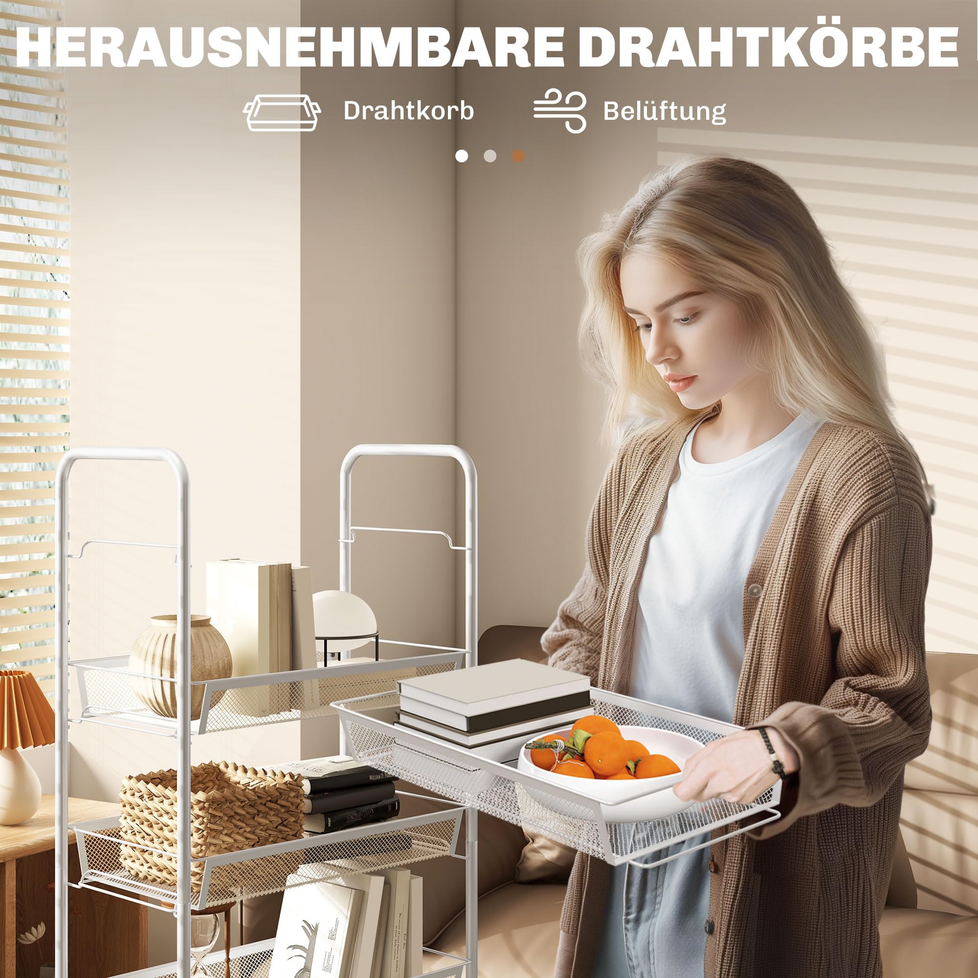 HOMCOM Servierwagen mit 5 Ebenen Küchenwagen mit abnehmbar Korb Haken Griff Rollwagen Allzweckwagen Küchenregal mit Rollen für Küche Büro Badezimmer, Stahl, Weiß