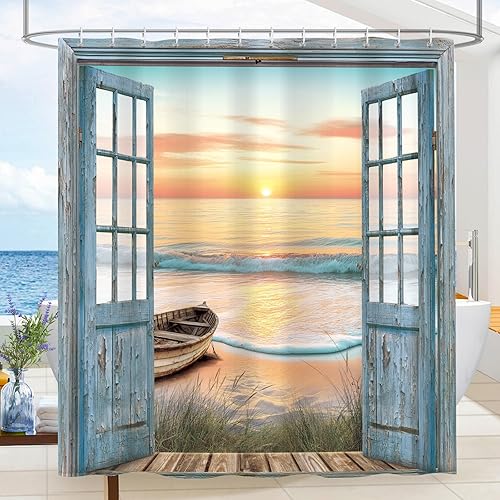 Miniatura 2 de Cortina de ducha con diseño rústico de playa y océano, juego de cortinas de baño para el hogar, tela impermeable de poliéster, 72 x 72 pulgadas con
