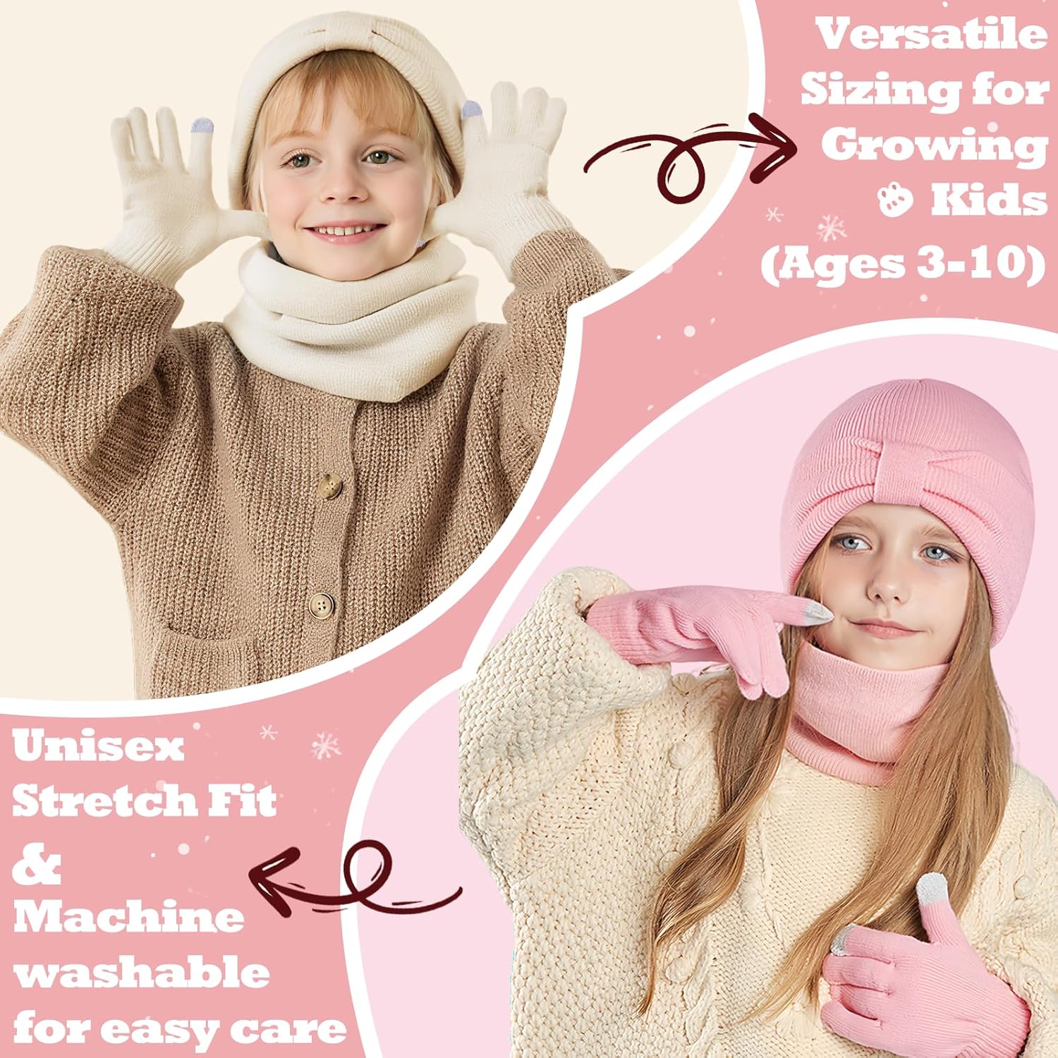 Kids Winter Beanie Hat Scarf Gloves Set for Girls Boys Age 3-10Y,Cute Bow Cuffed Knitted Hat Neck Scarf with Fleece lined - Image 6
