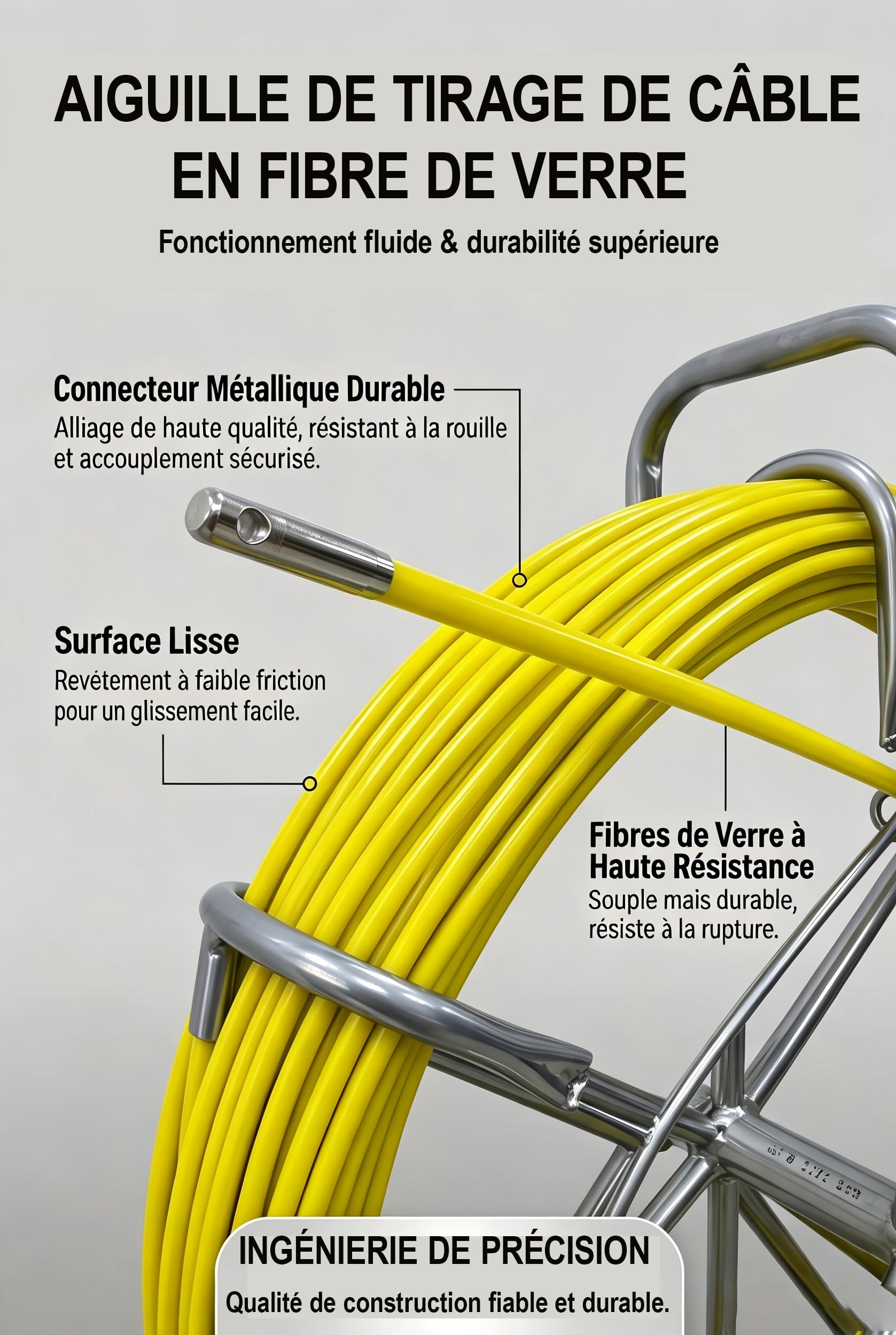 Ruban à Poisson Fibre de Verre 80M 6,35mm, Aiguille Électricien Tirage Câble, Extracteur avec Bobine Acier et Frein【80M】