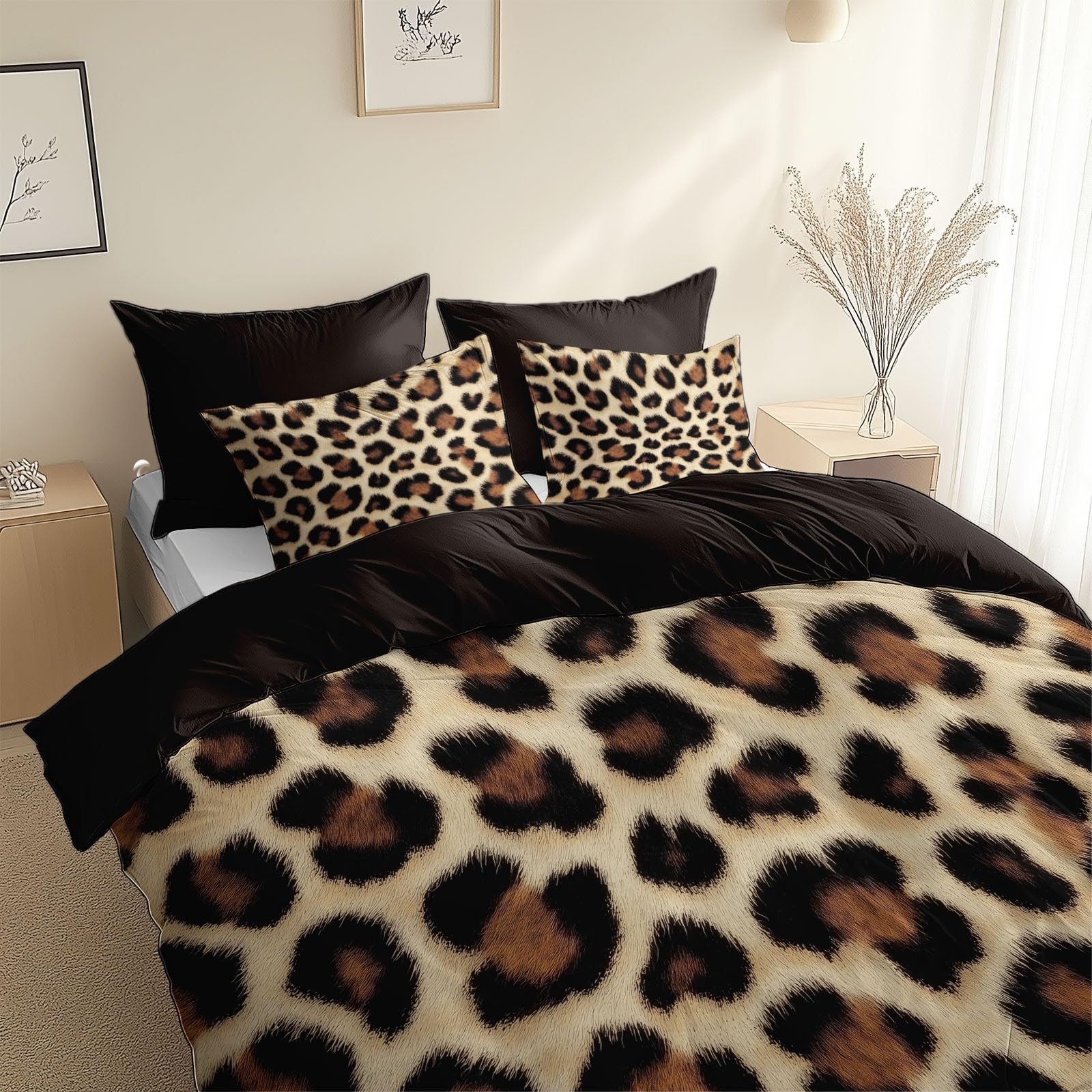 Housse de couette 160x200 motif léopard parure lit enfant coton polyester brun réversible