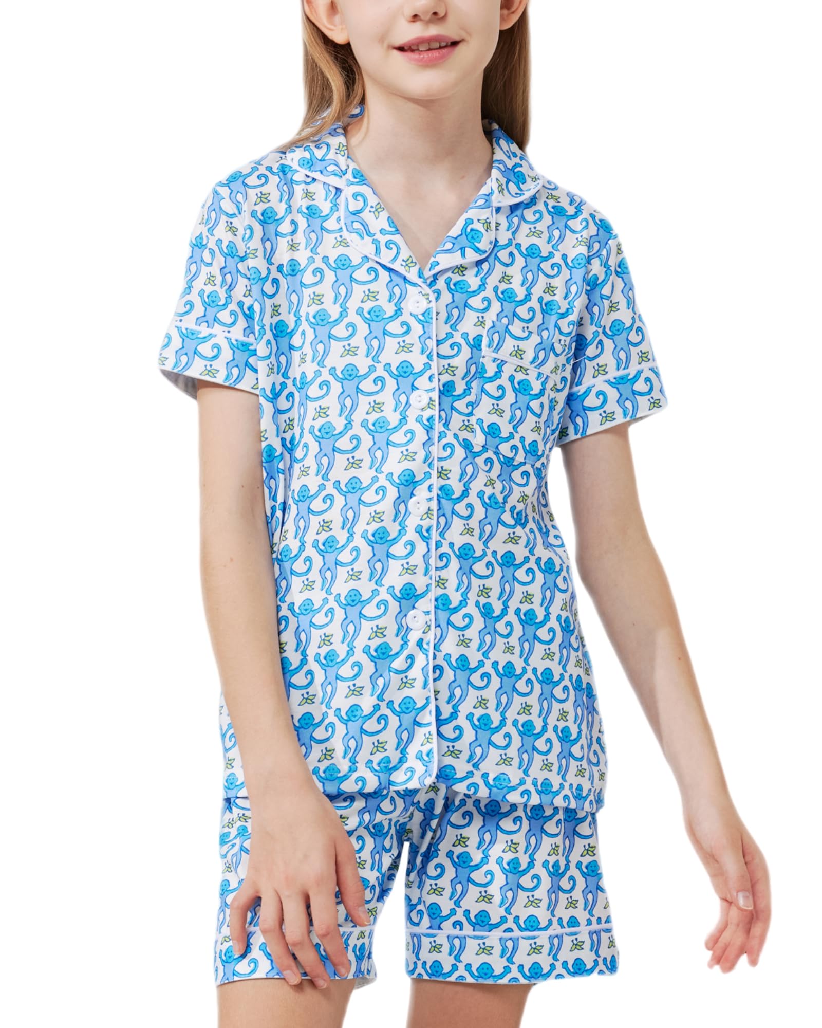 Girls Pajamas Sets, Kids Monkey Button Down Sleepover Loungewear